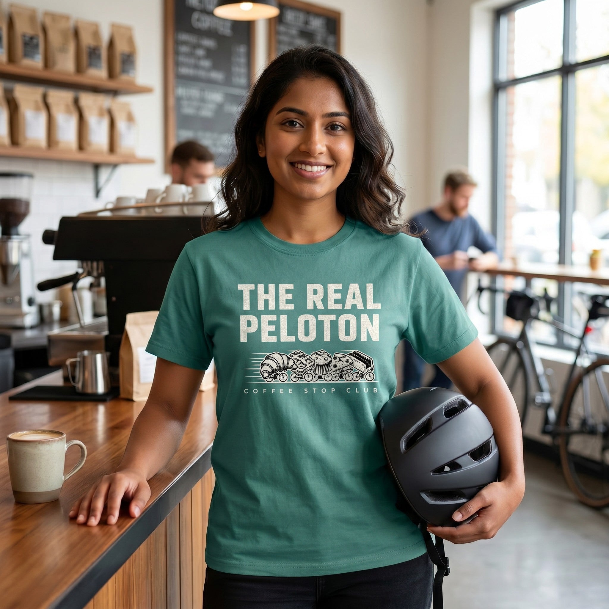 The Real Peloton Cycling T-Shirt — Seafoam lifestyle