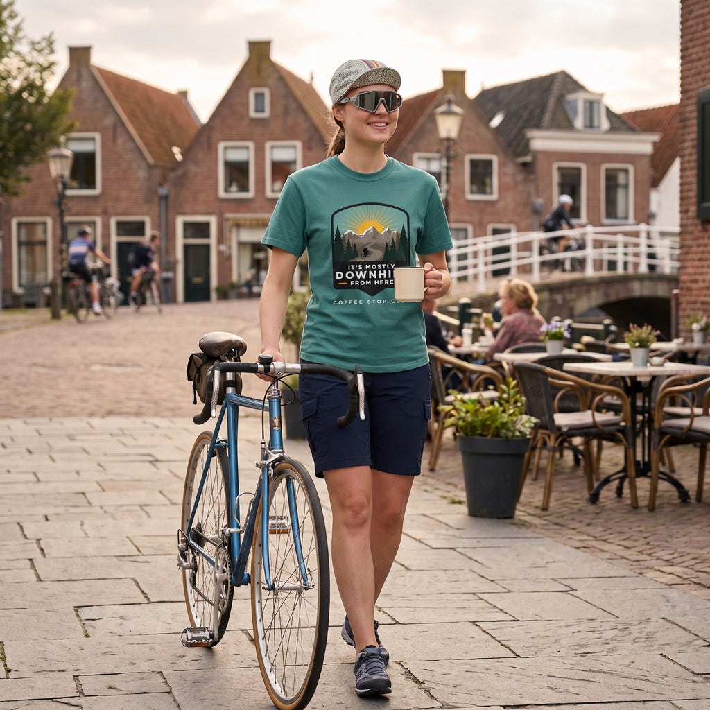 It's Mostly Downhill From Here Cycling T-Shirt — Seafoam lifestyle