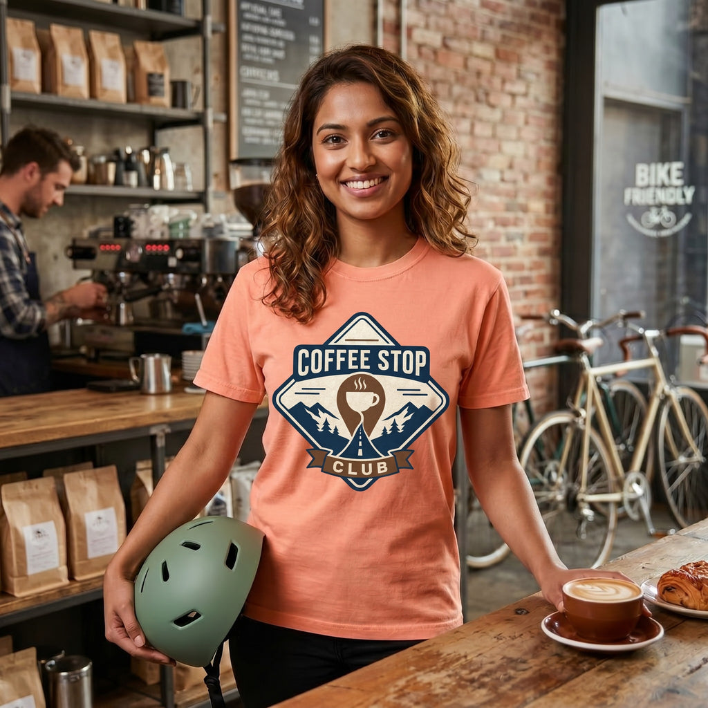 The Coffee Stop Club T‑Shirt — Terracotta lifestyle