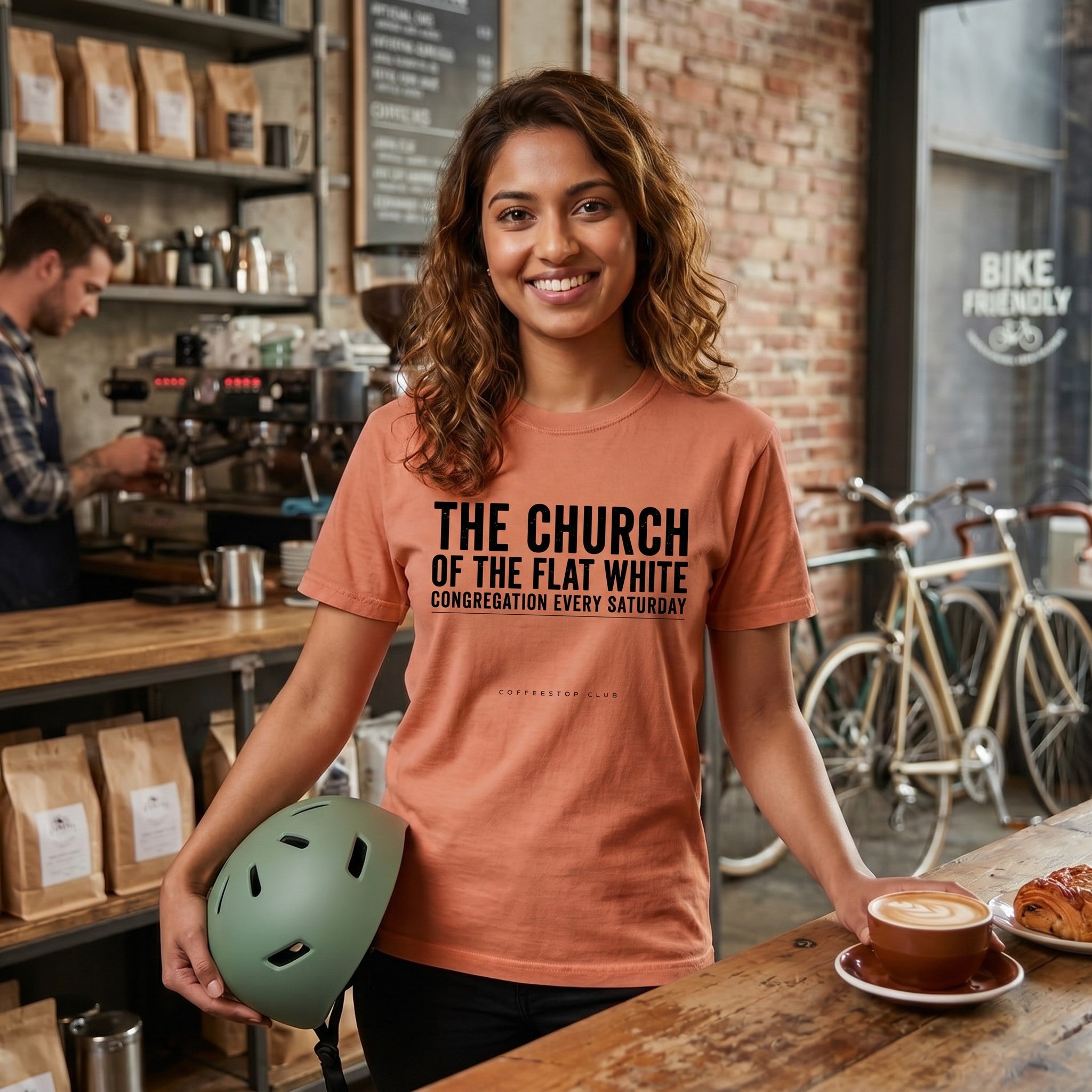 Church of the Flat White T‑Shirt — Terracotta lifestyle