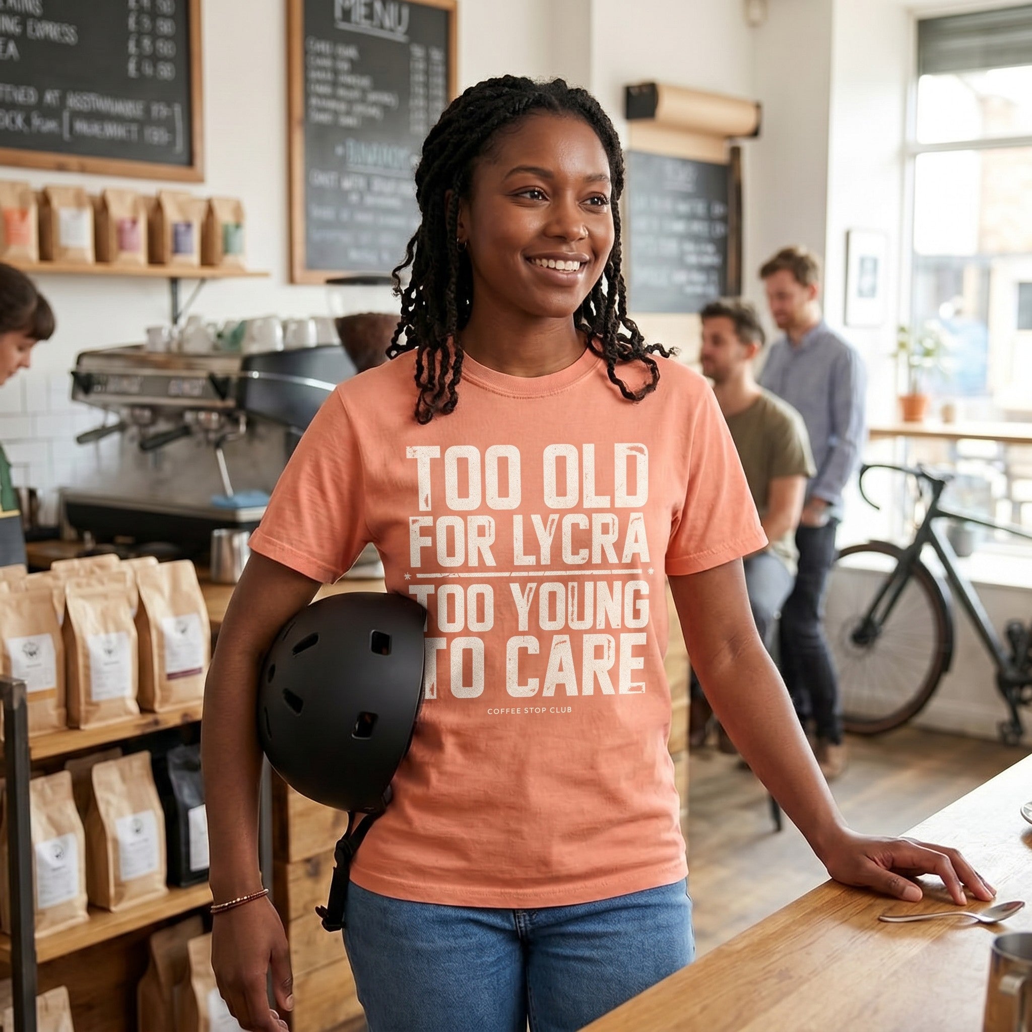 Too Old to Care T‑Shirt — Terracotta lifestyle