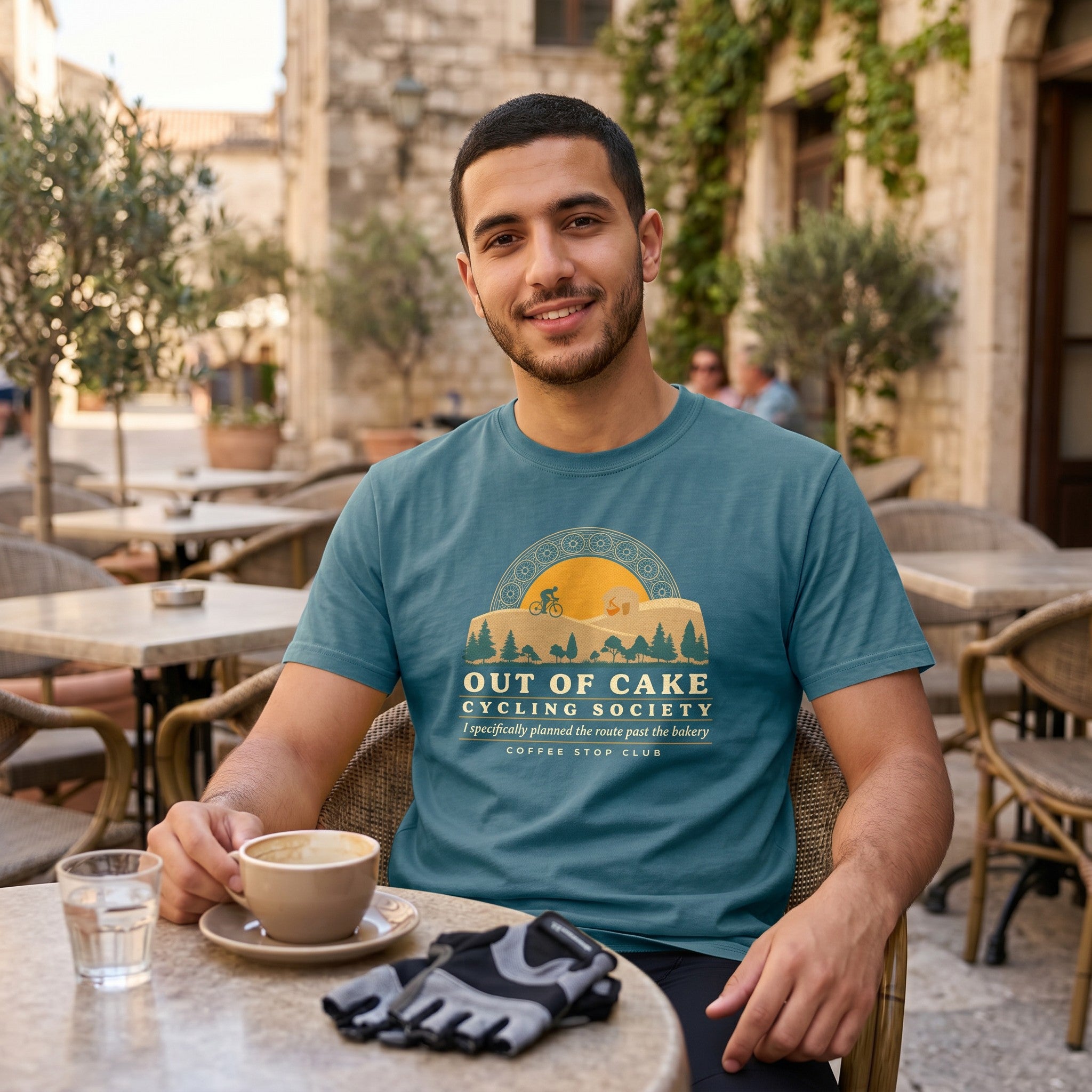 Out of Cake Cycling T-Shirt — Topaz Blue lifestyle