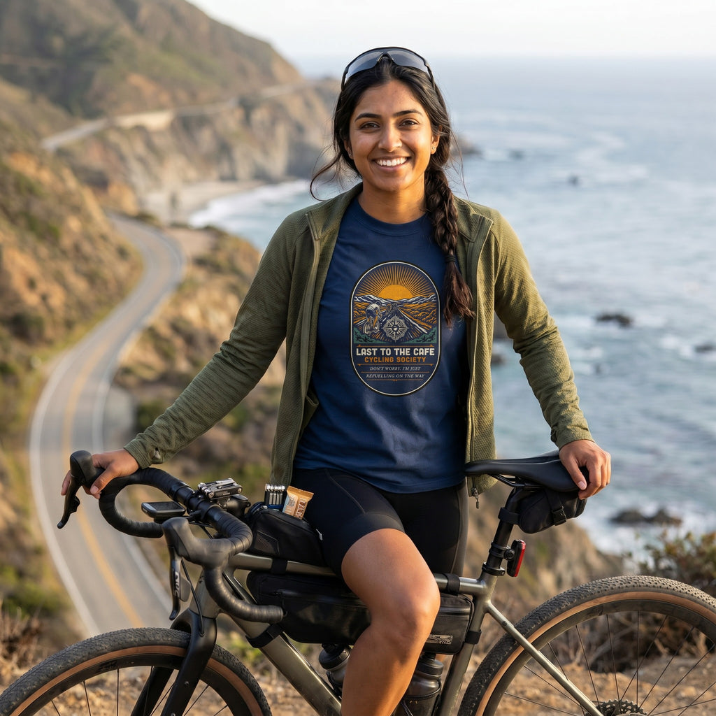 Last to the Café Cyclist T-Shirt — True Navy lifestyle