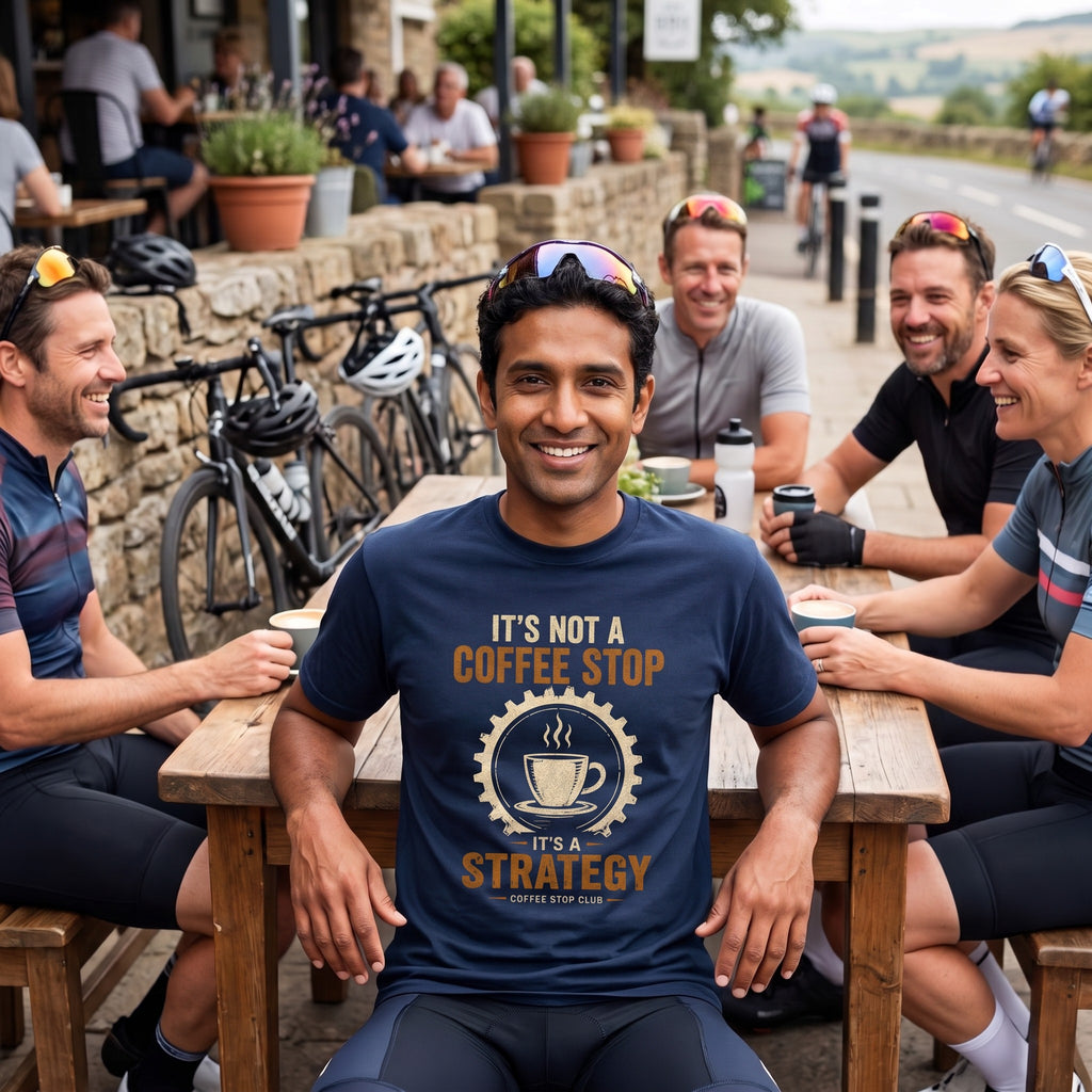 Coffee Stop Strategy Cycling T-Shirt — True Navy lifestyle