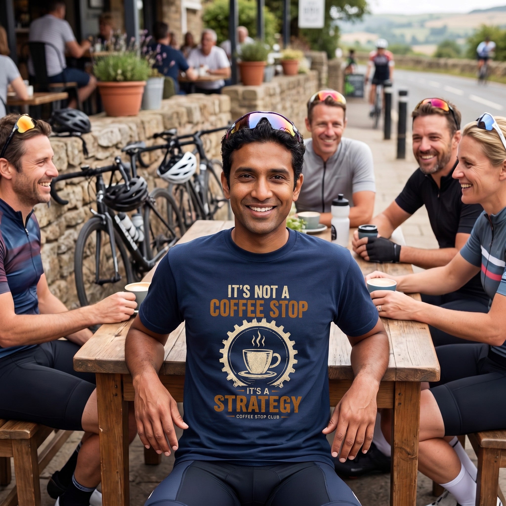 Coffee Stop Strategy Cycling T-Shirt — True Navy lifestyle