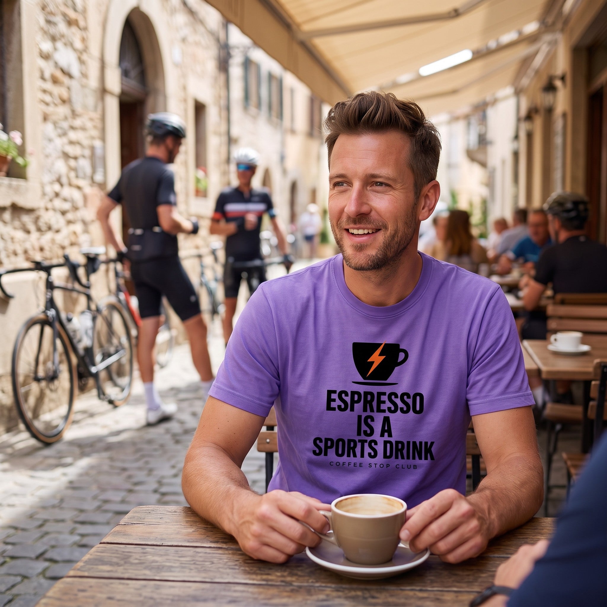 Espresso Is A Sports Drink Cycling T-Shirt — Violet lifestyle
