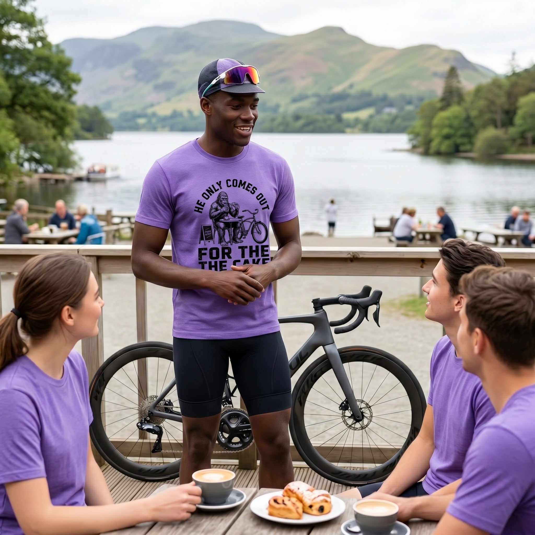 Only For The Cake Cyclist T-Shirt — Violet lifestyle