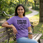 Earn Your Coffee Cycling T-Shirt — Violet lifestyle