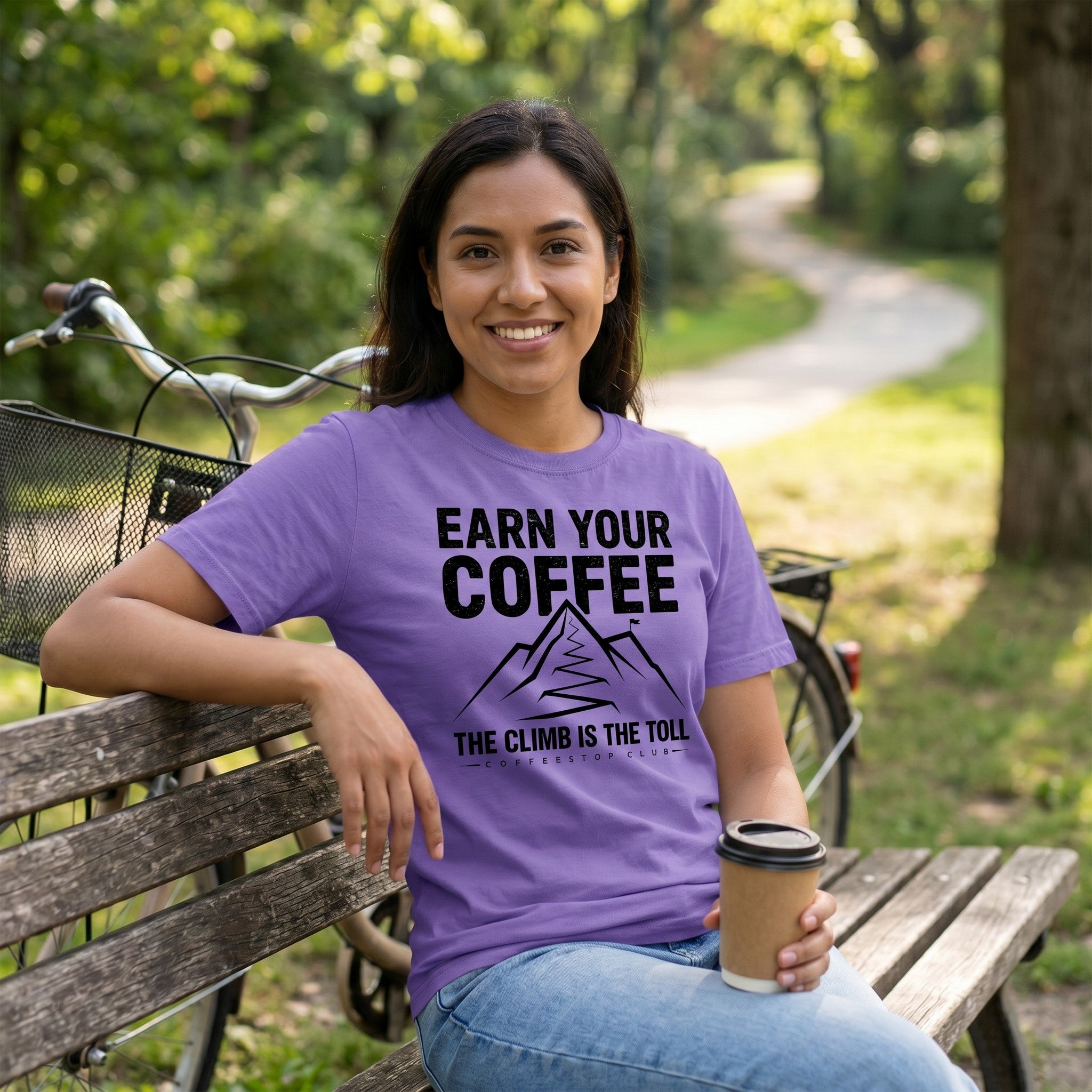 Earn Your Coffee Cycling T-Shirt — Violet lifestyle