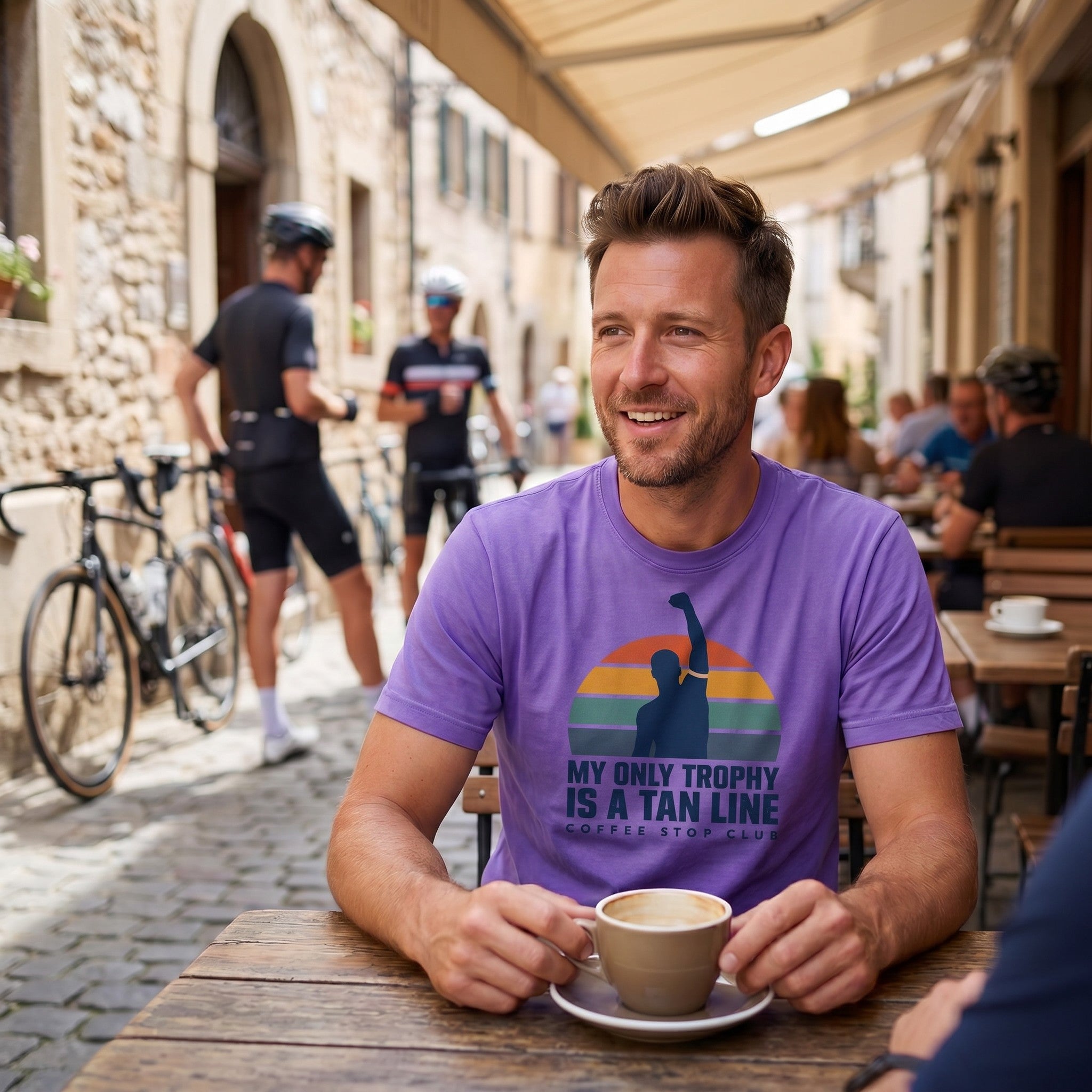 Tan Line Trophy Cycling T-Shirt — Violet lifestyle