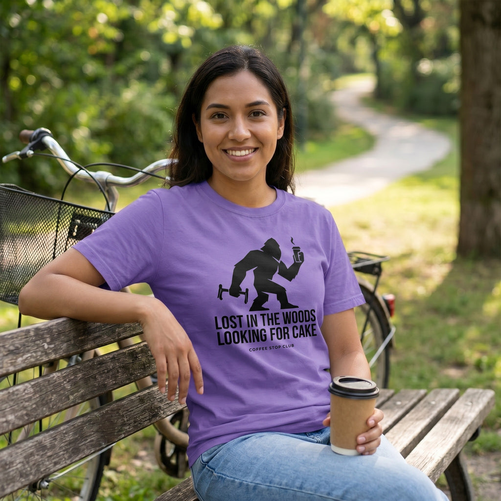 Lost in the Woods Bigfoot T‑Shirt — Violet lifestyle