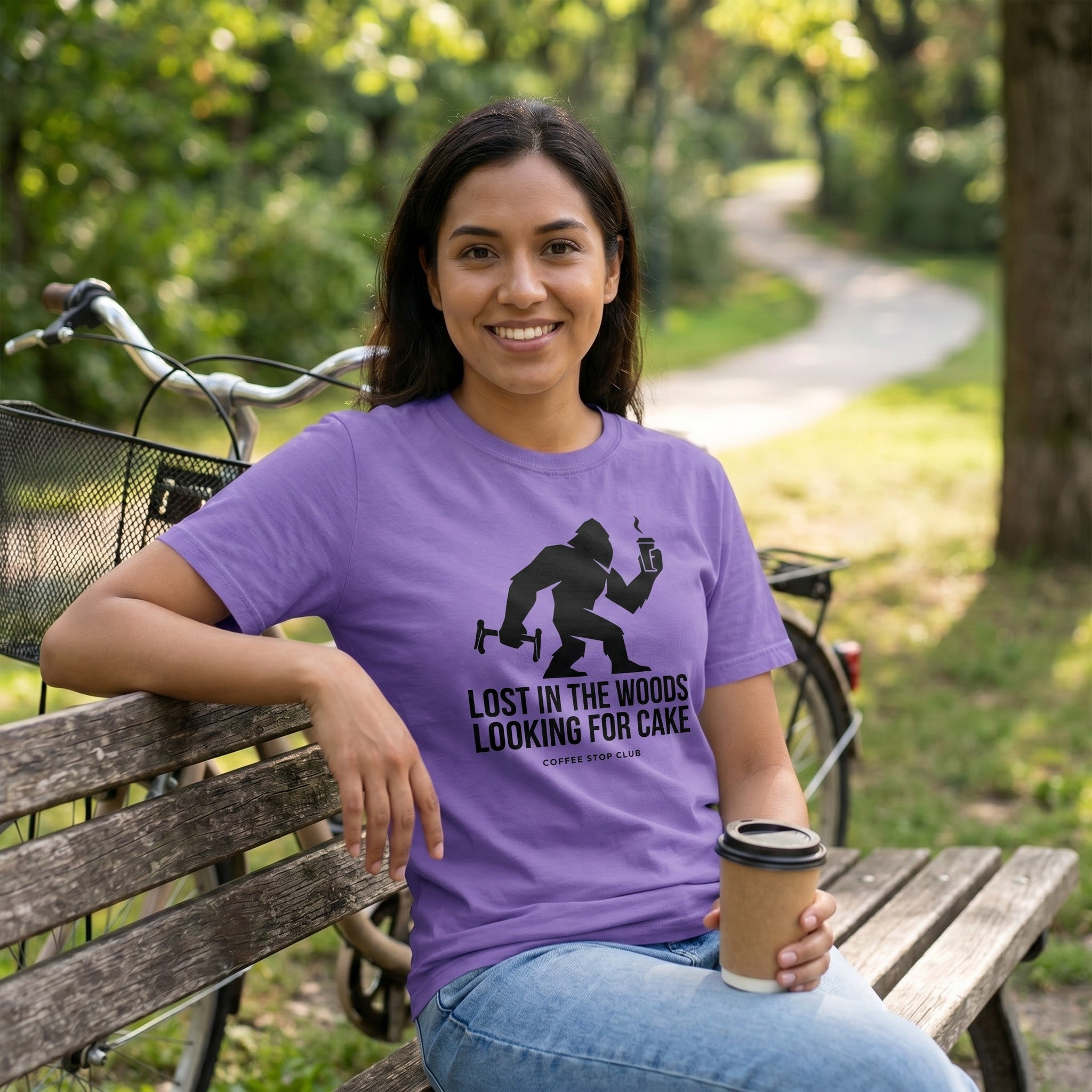 Lost in the Woods Bigfoot T‑Shirt — Violet lifestyle