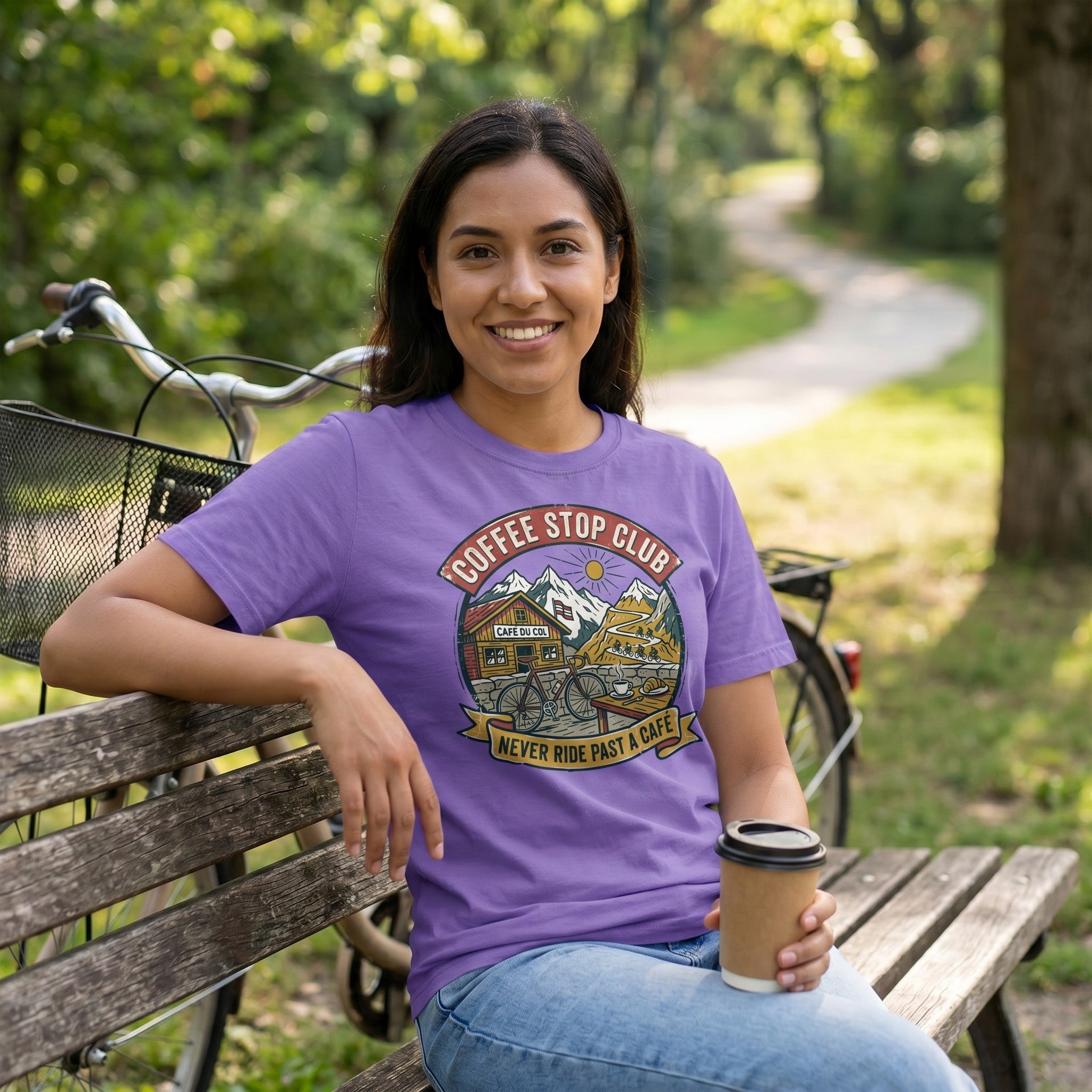 Never Pass a Café T‑Shirt — Violet lifestyle