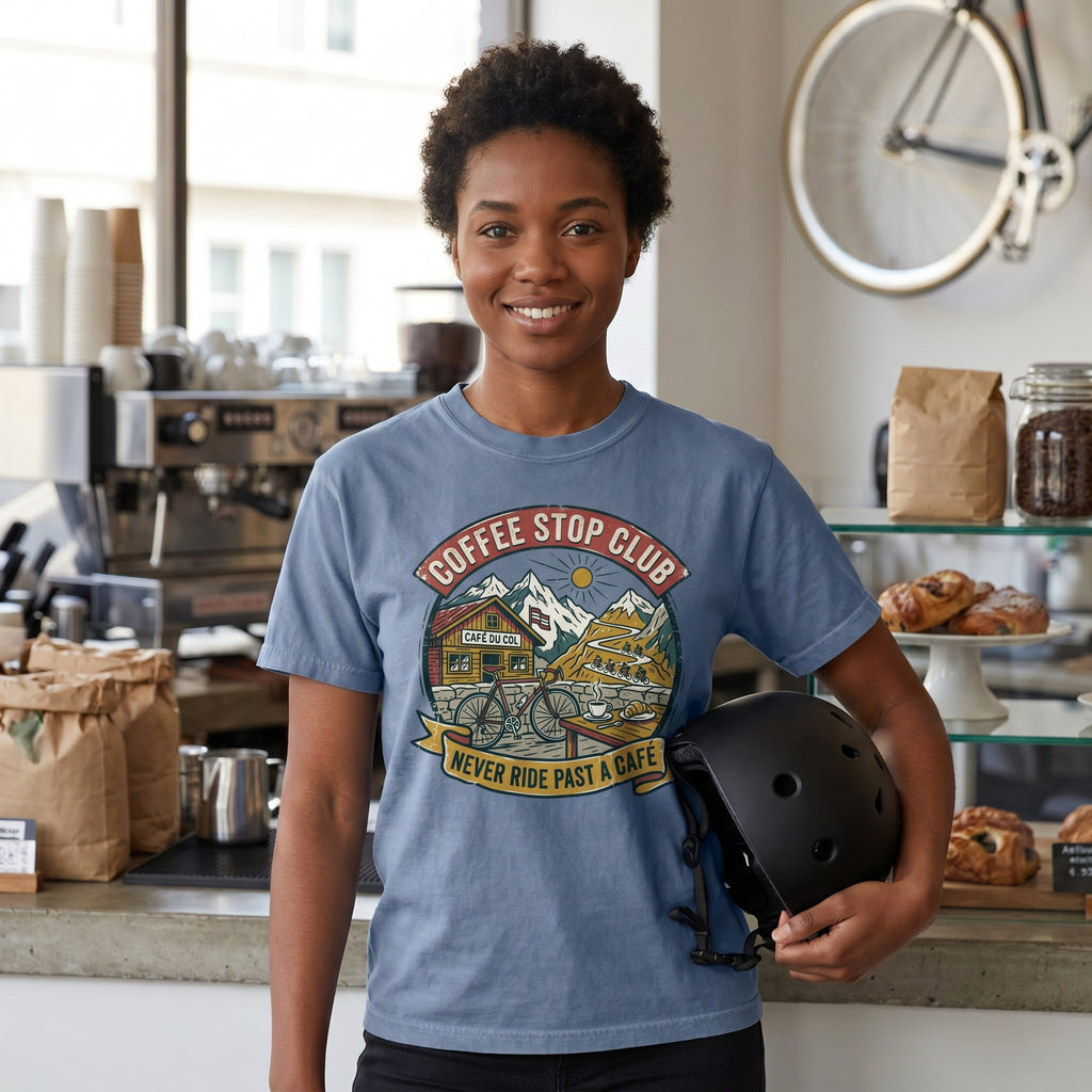Never Pass a Café T‑Shirt — Washed Denim lifestyle