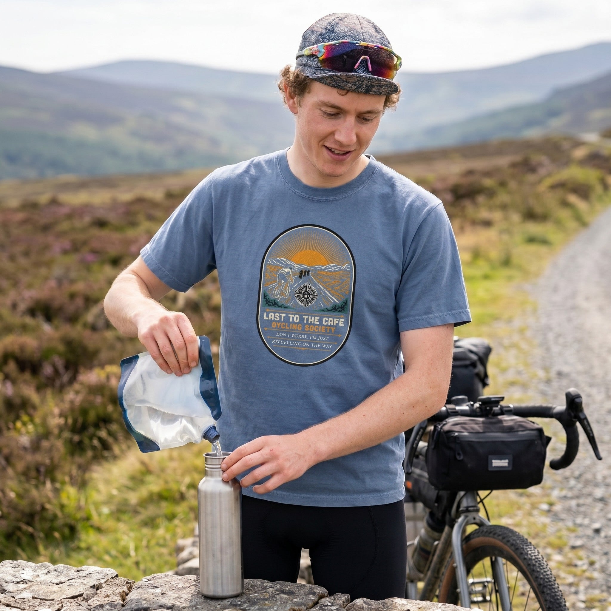 Last to the Café Cyclist T-Shirt — Washed Denim lifestyle