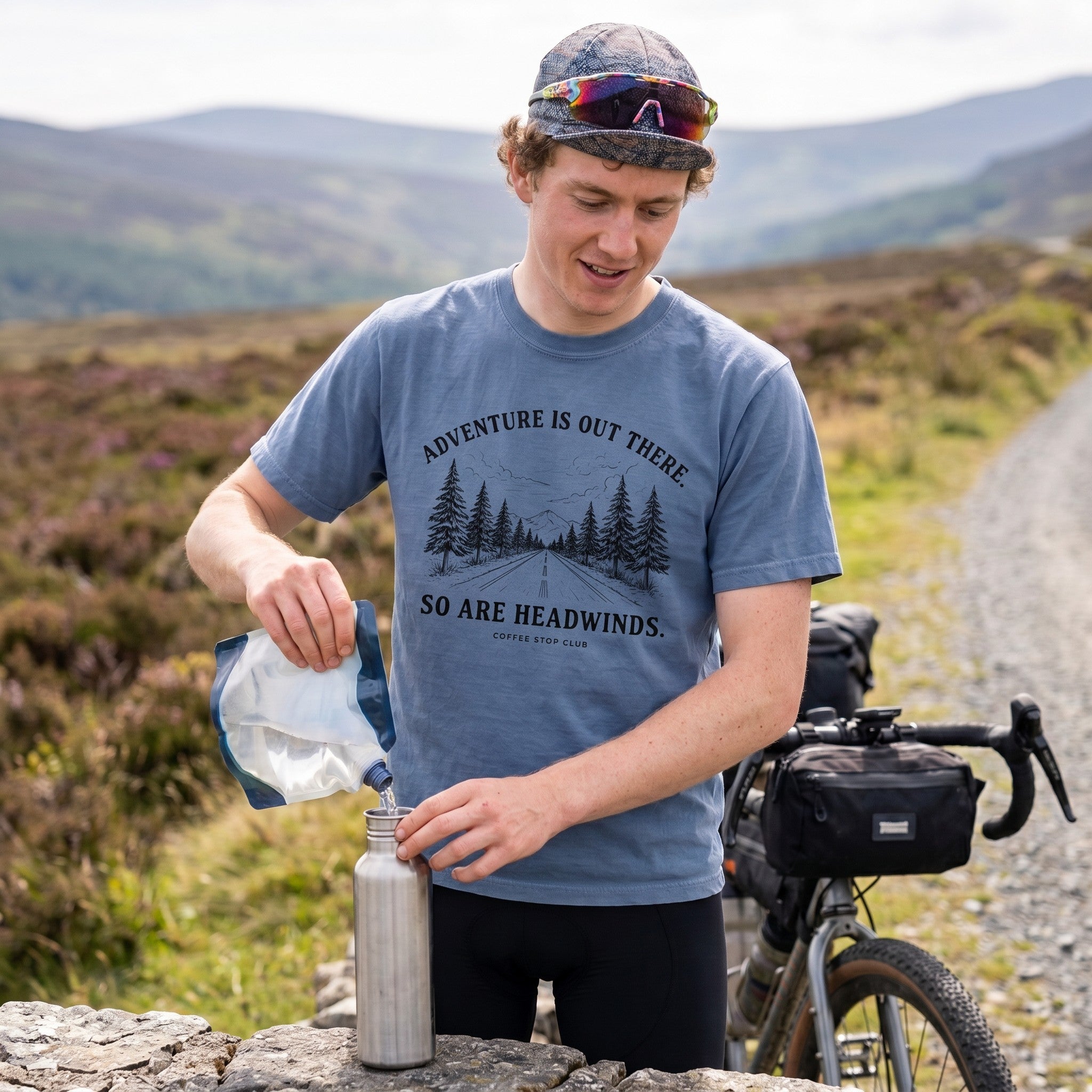 Adventure Is Out There Cycling T-Shirt — Washed Denim lifestyle