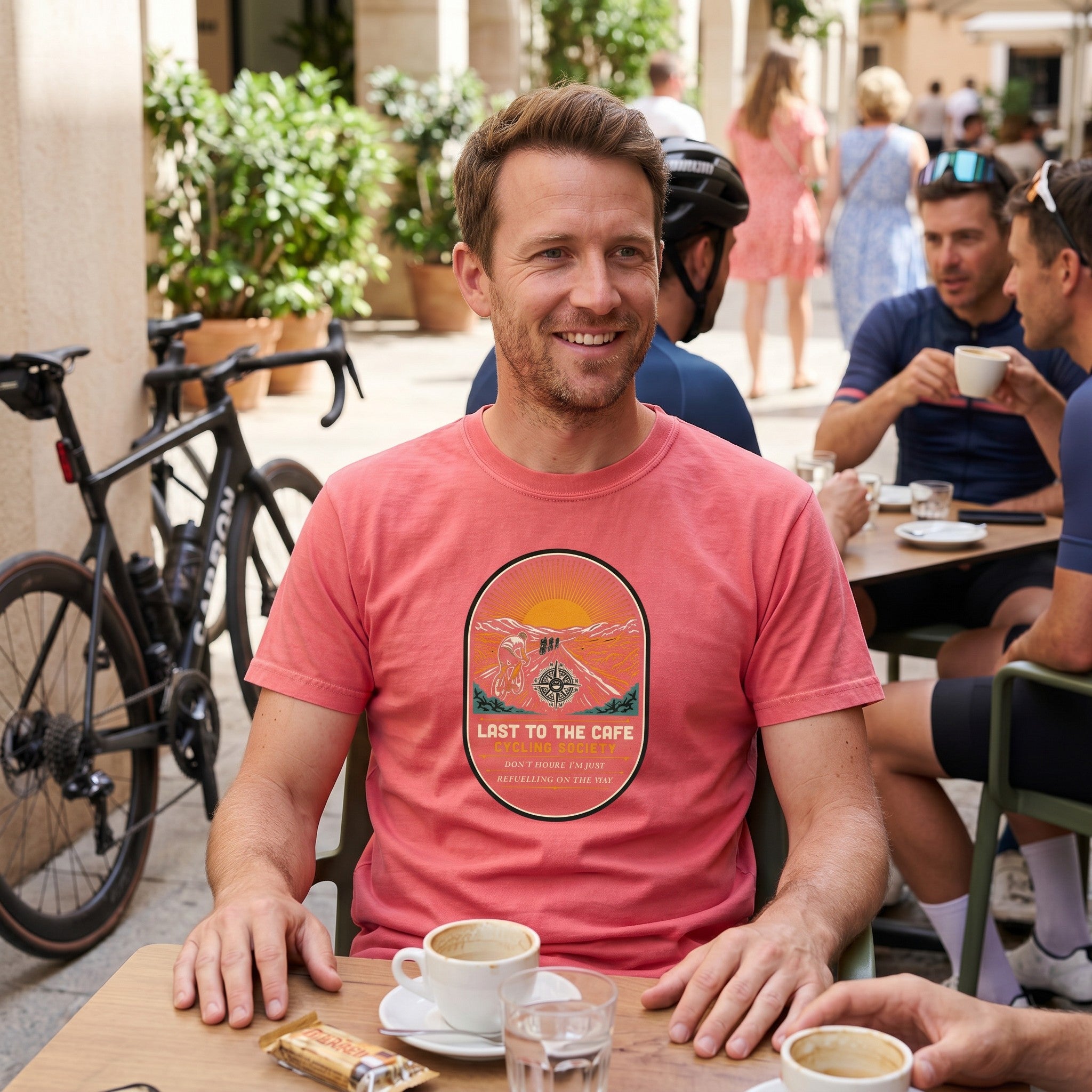 Last to the Café Cyclist T-Shirt — Watermelon lifestyle