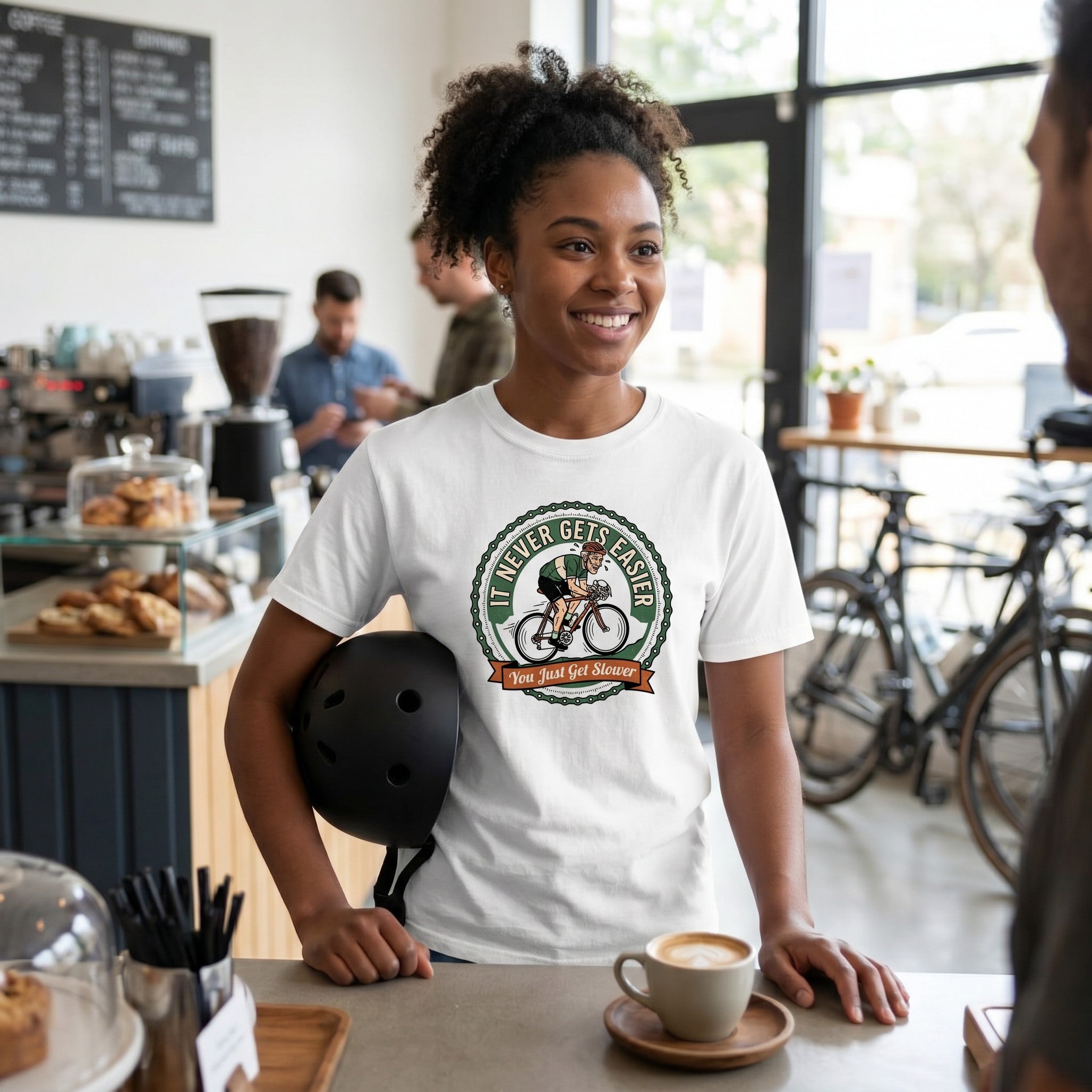 Never Gets Easier T-Shirt — White lifestyle