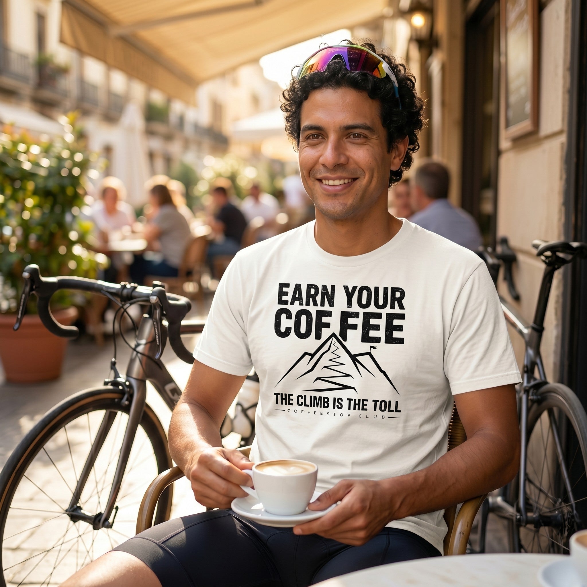 Earn Your Coffee Cycling T-Shirt — White lifestyle