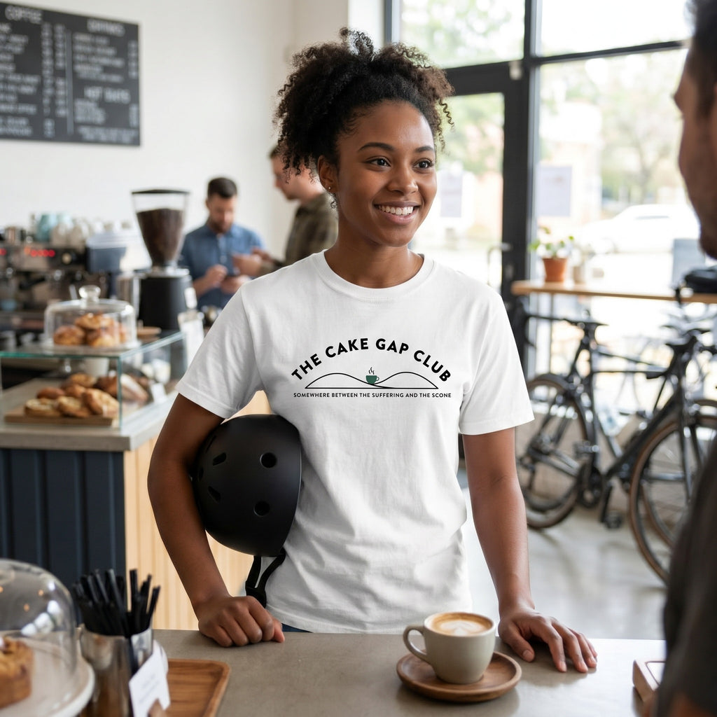 The Cake Gap Cyclist T-Shirt — White lifestyle