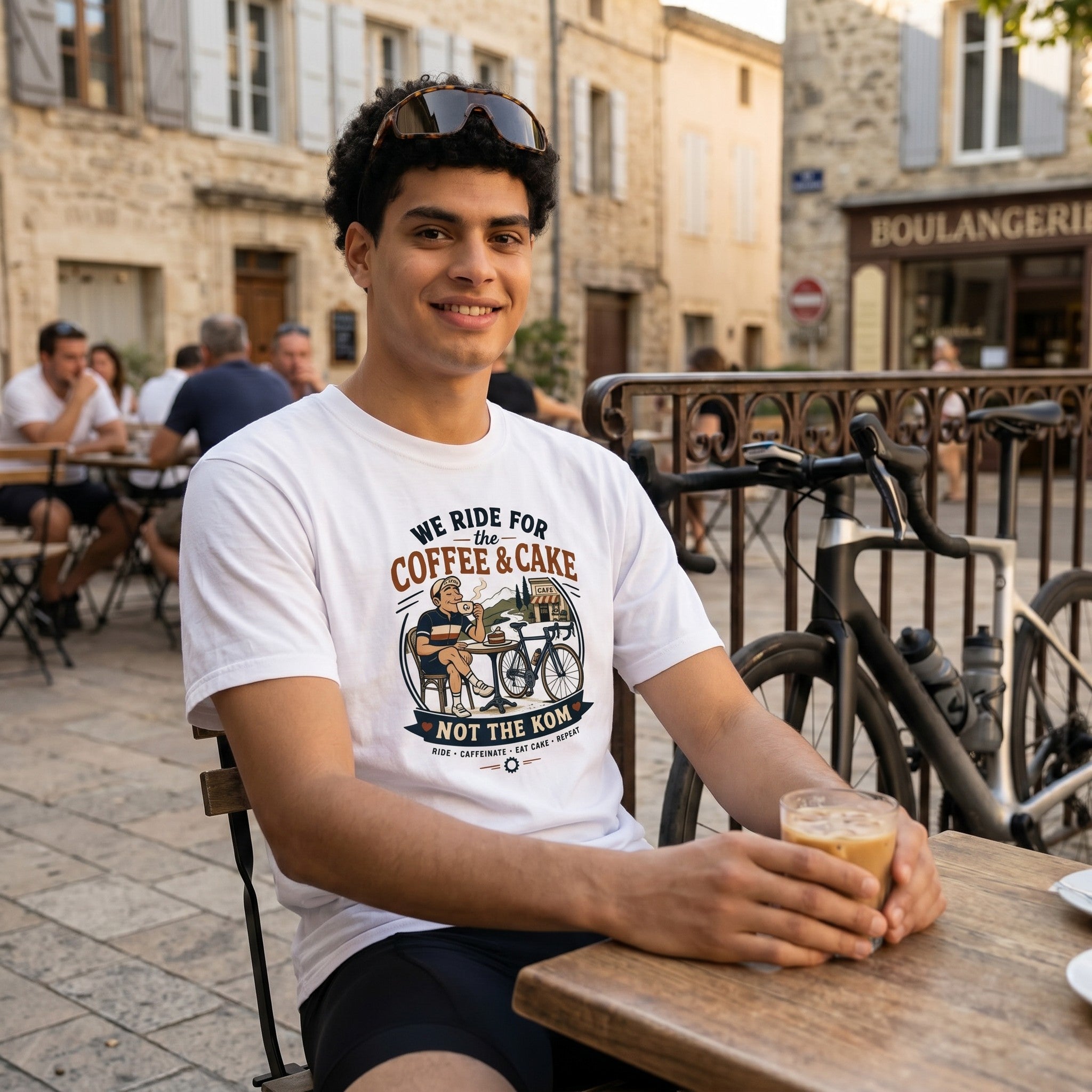 Ride For Coffee  and Cake T-Shirt — White lifestyle