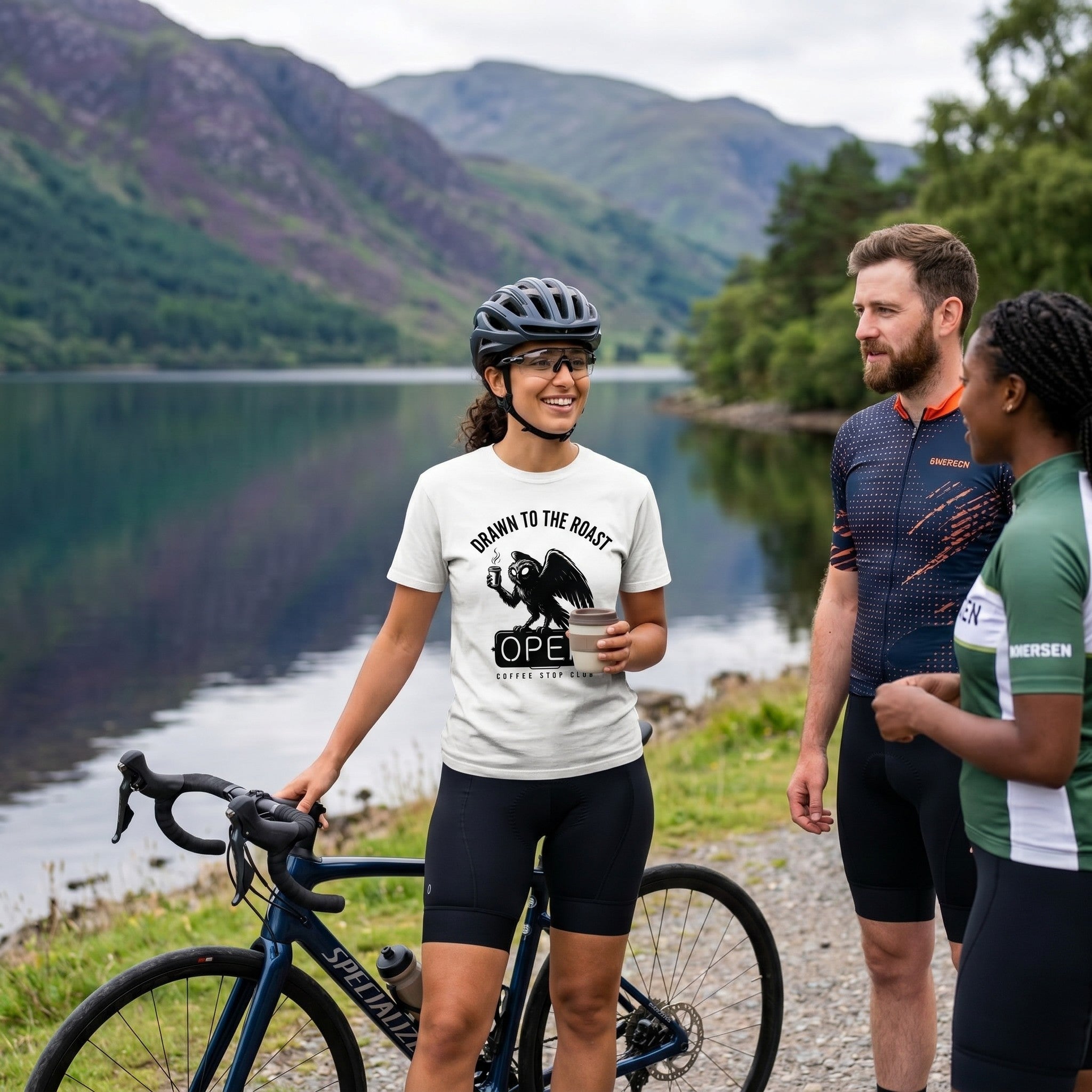 Drawn to the Roast Cycling T-Shirt — White lifestyle
