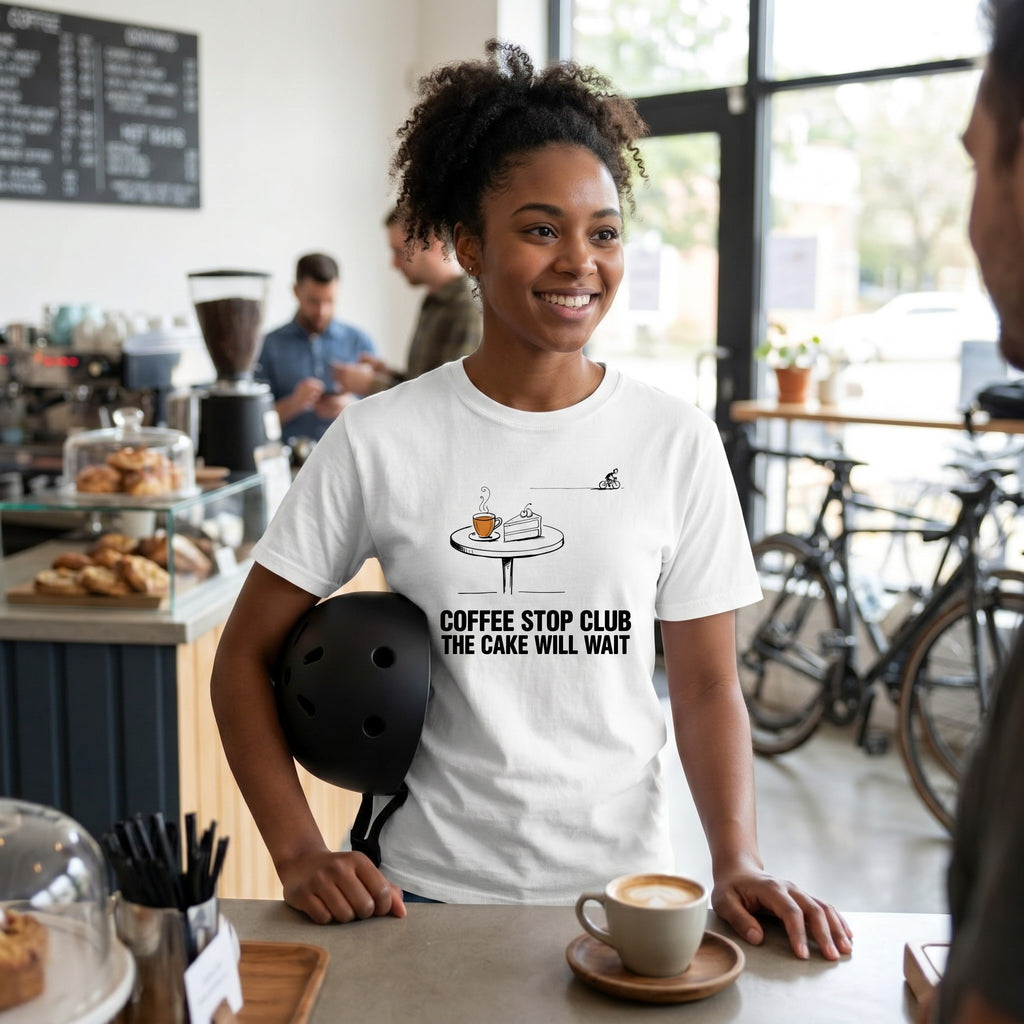 Cake Will Wait Cycling T-Shirt — White lifestyle