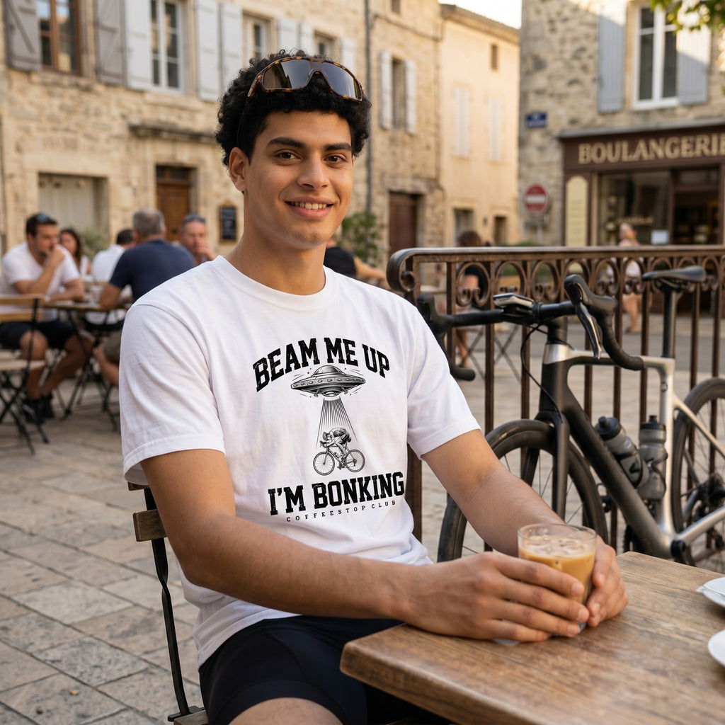 Beam Me Up Bonking Cycling T-Shirt — White lifestyle