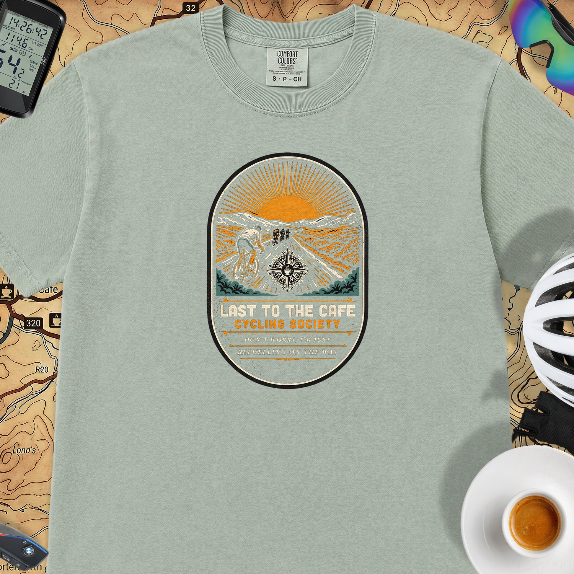 Last to the Café Cyclist T-Shirt — Bay