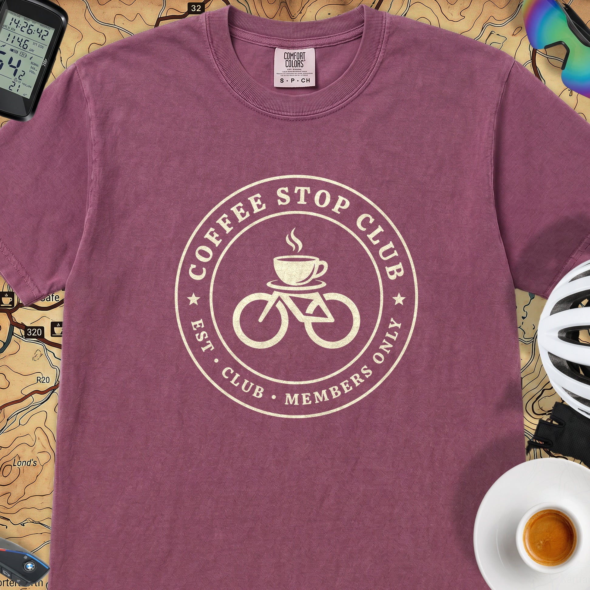 Coffee Stop Club Bike T-Shirt — Berry