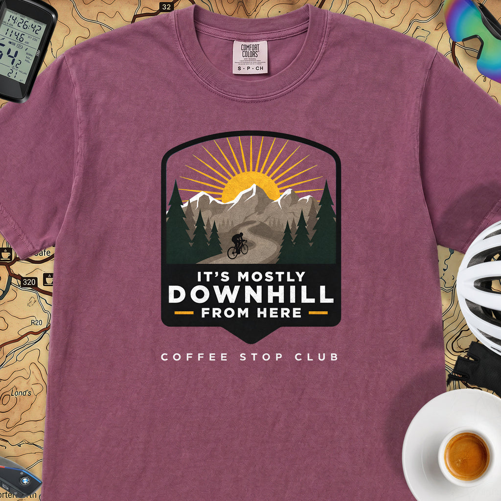 It's Mostly Downhill From Here Cycling T-Shirt — Berry