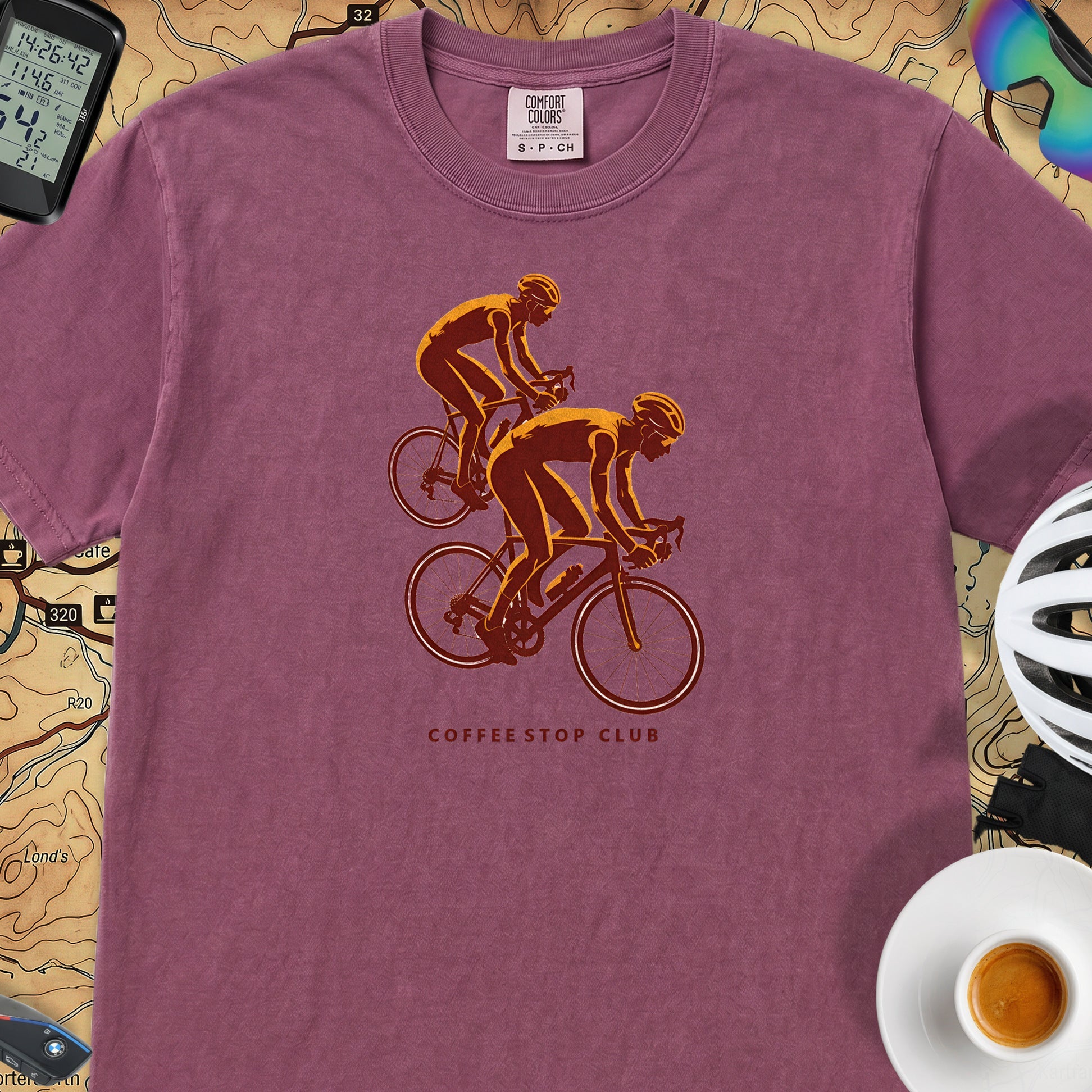 Duo Ride Coffee Stop Club T-Shirt — Berry