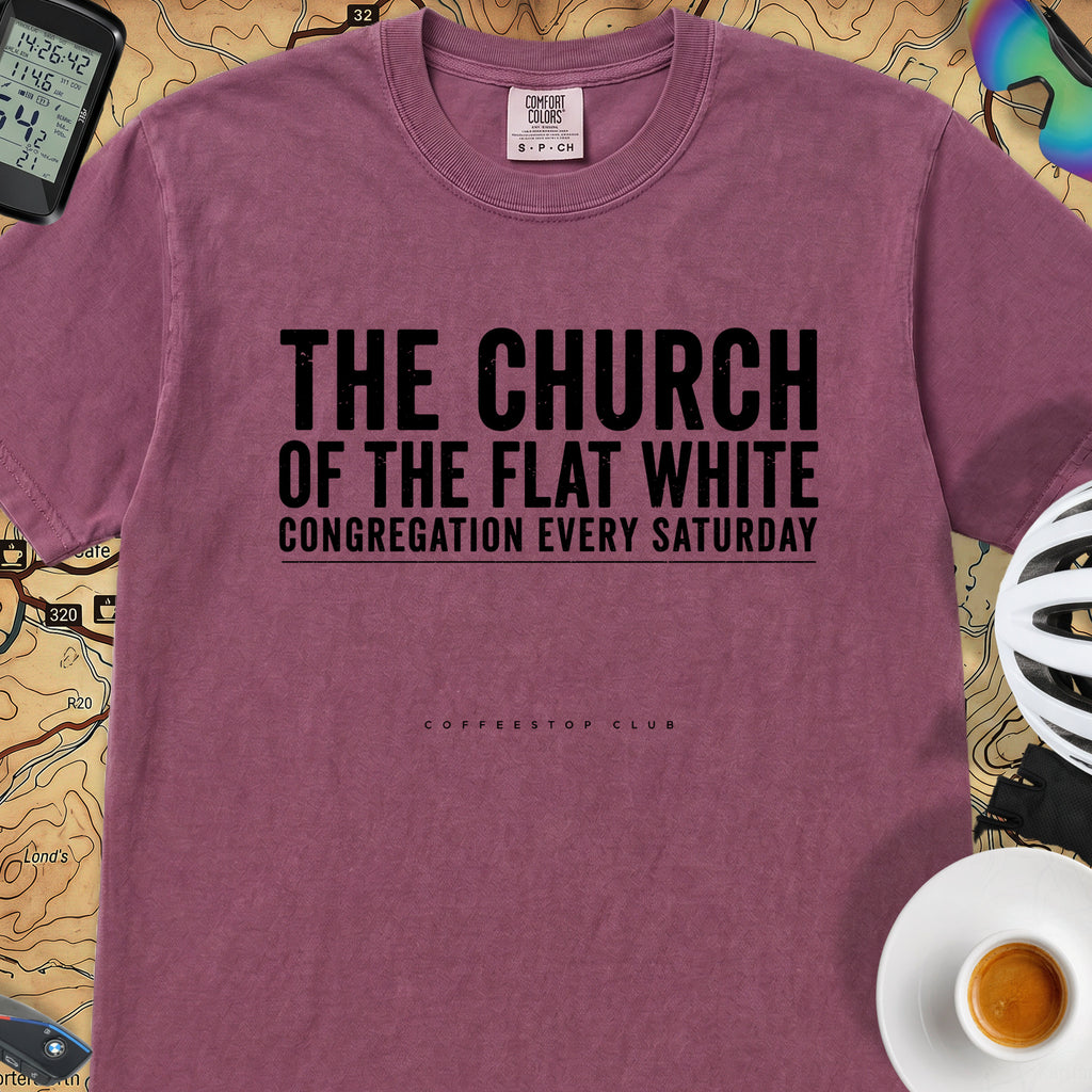 Church of the Flat White T‑Shirt — Berry
