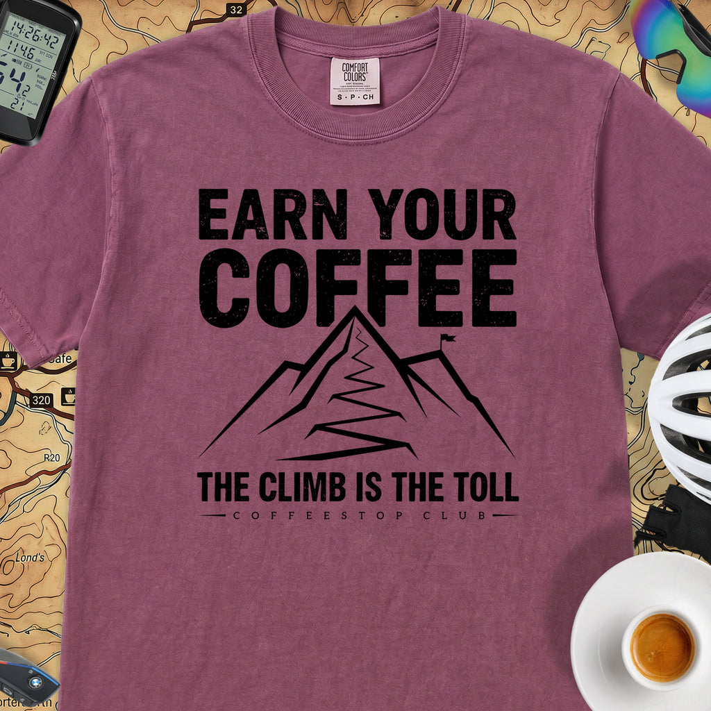 Earn Your Coffee Cycling T-Shirt — Berry