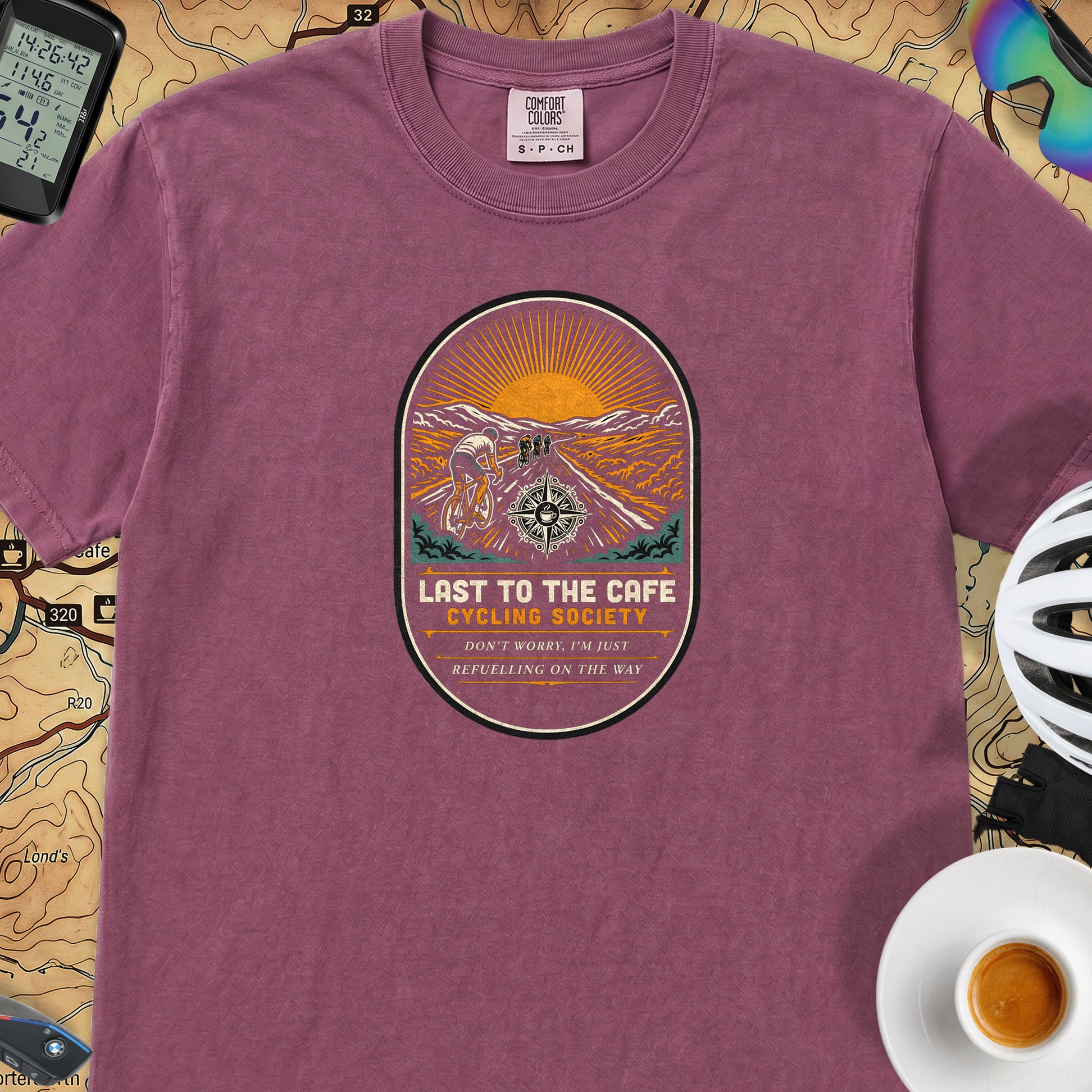 Last to the Café Cyclist T-Shirt — Berry