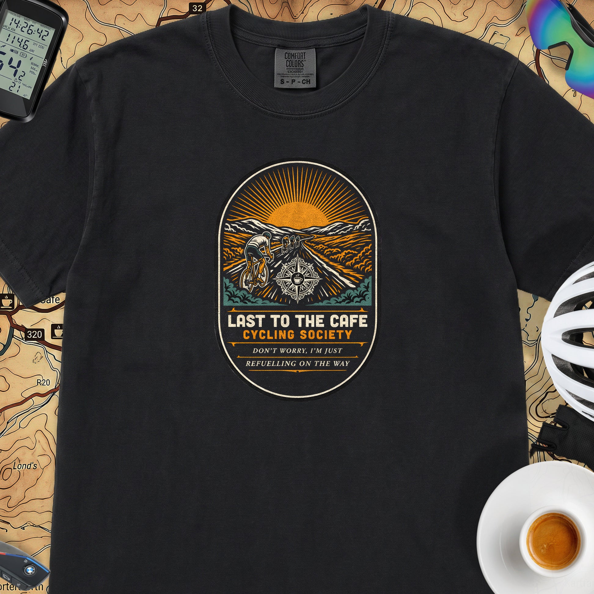 Last to the Café Cyclist T-Shirt — Black