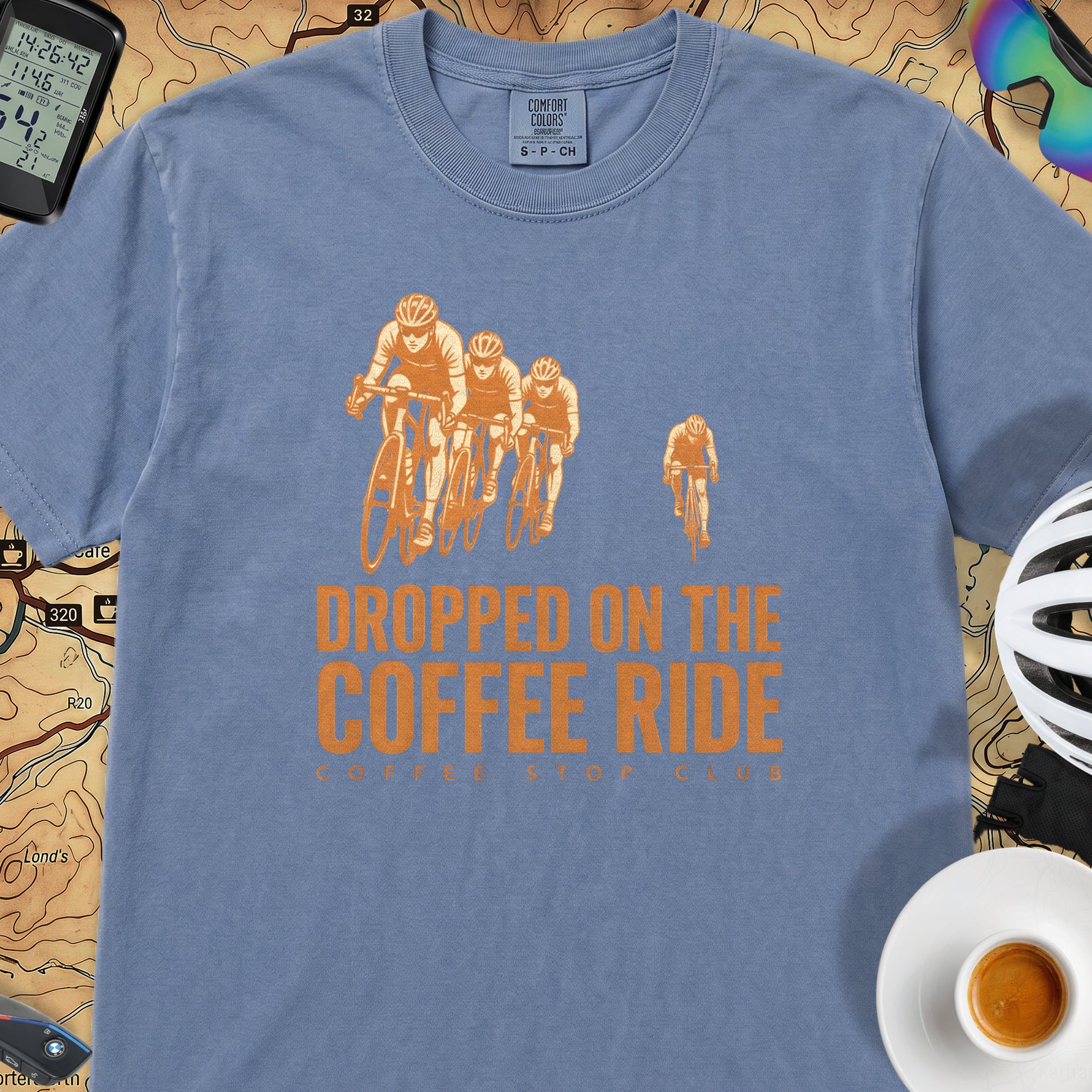 Dropped on the Coffee Ride Cycling T-Shirt — Blue Jean
