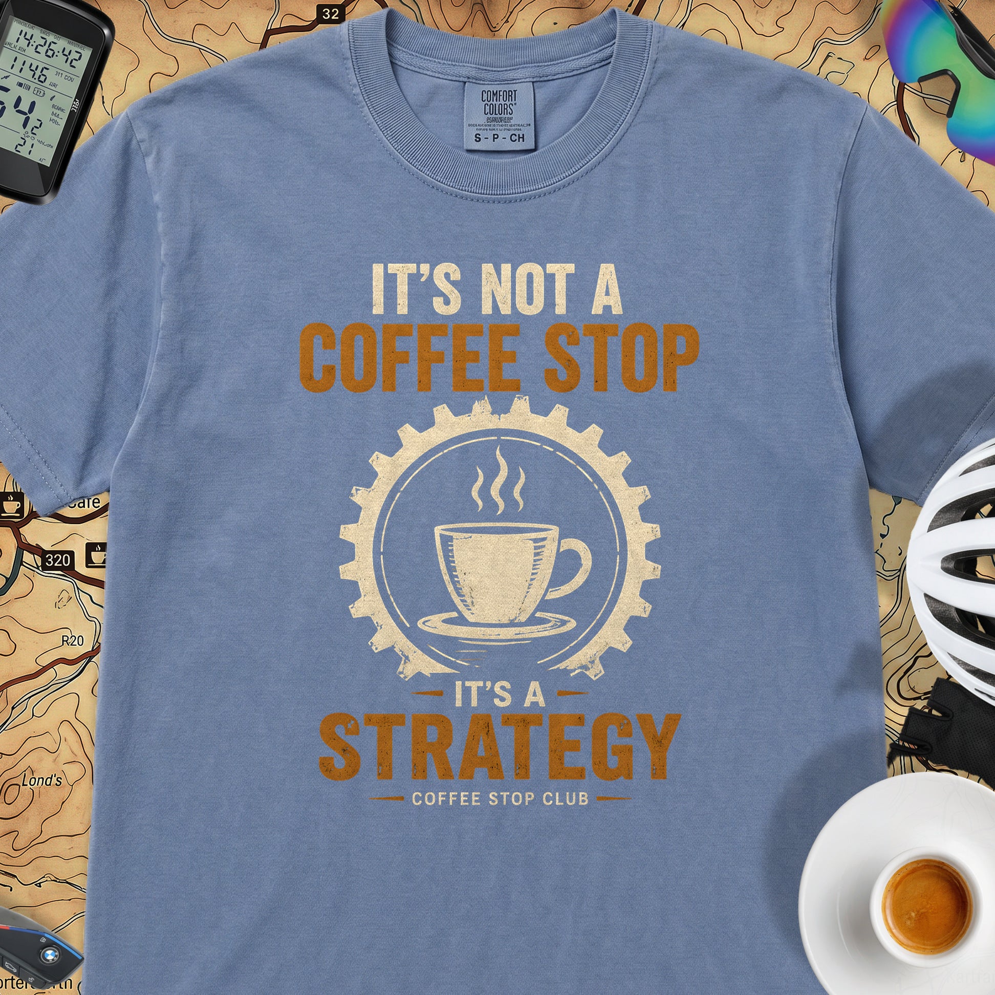 Coffee Stop Strategy Cycling T-Shirt — Blue Jean