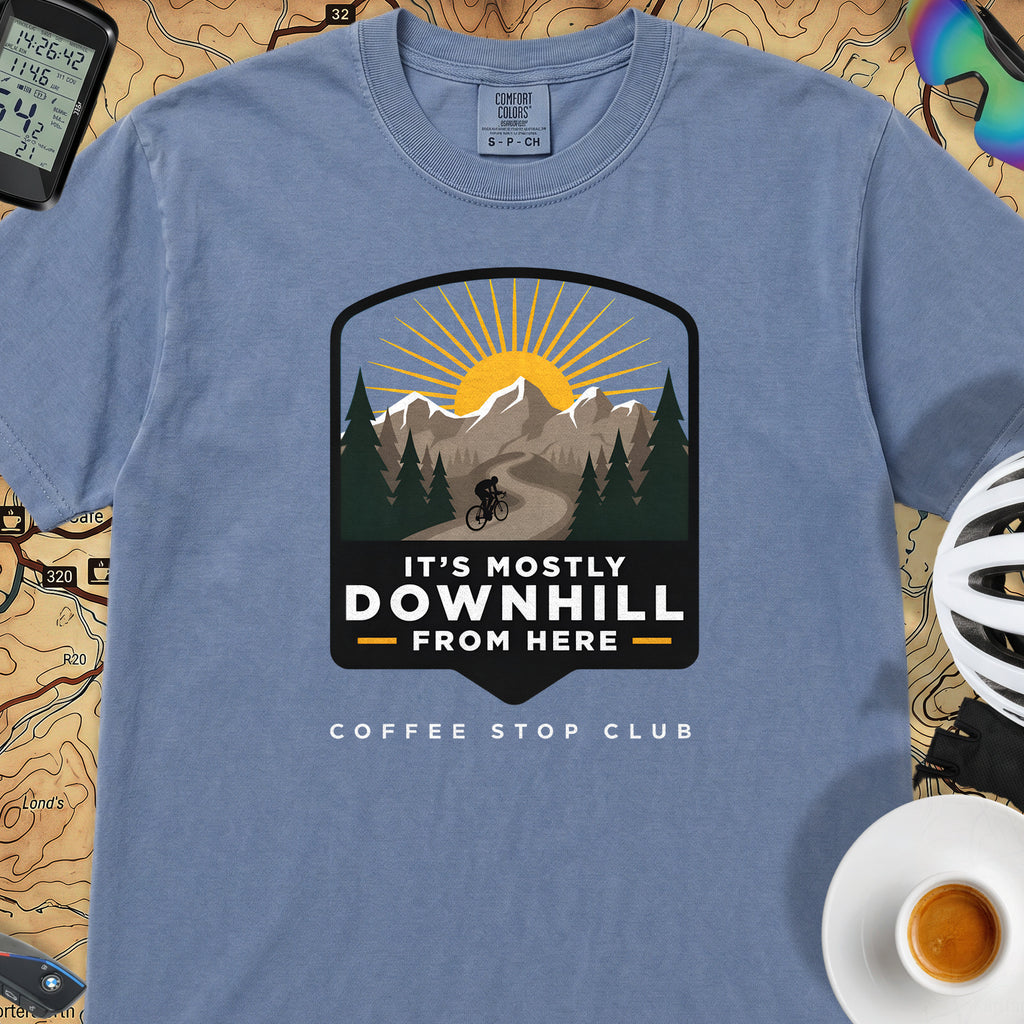 It's Mostly Downhill From Here Cycling T-Shirt — Blue Jean