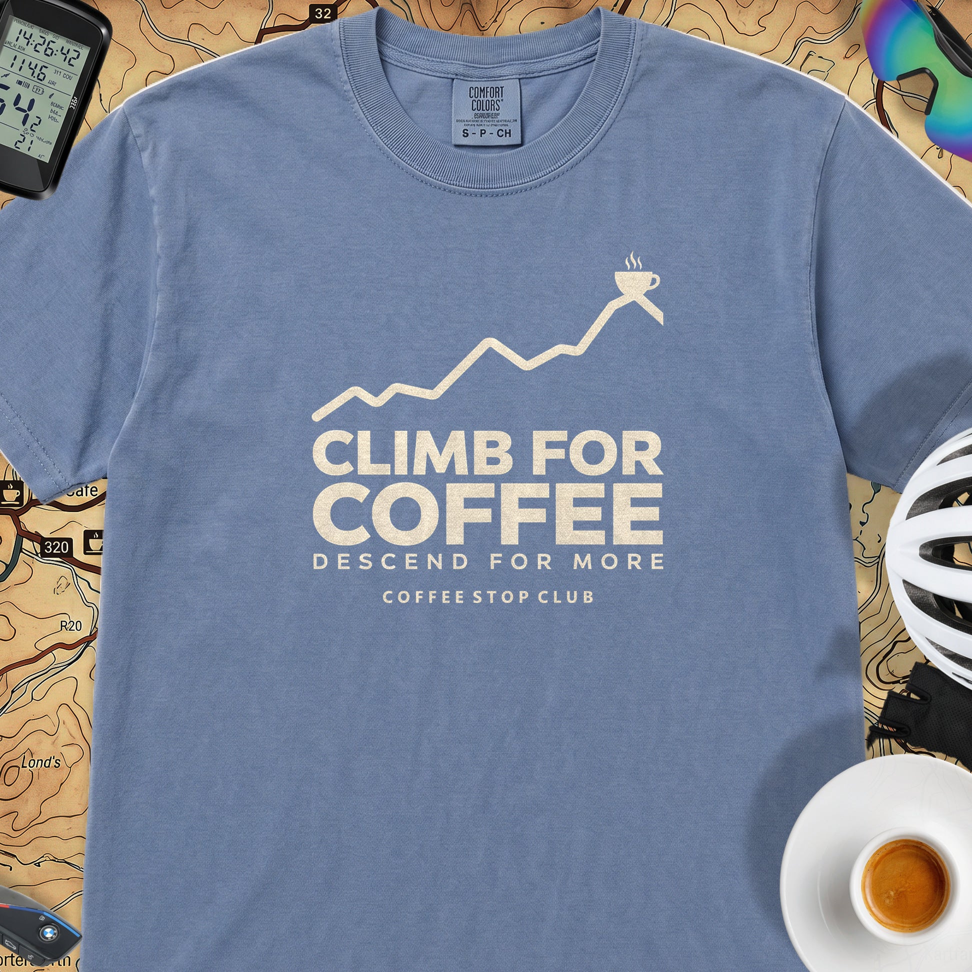 Climb For Coffee T‑Shirt — Blue Jean