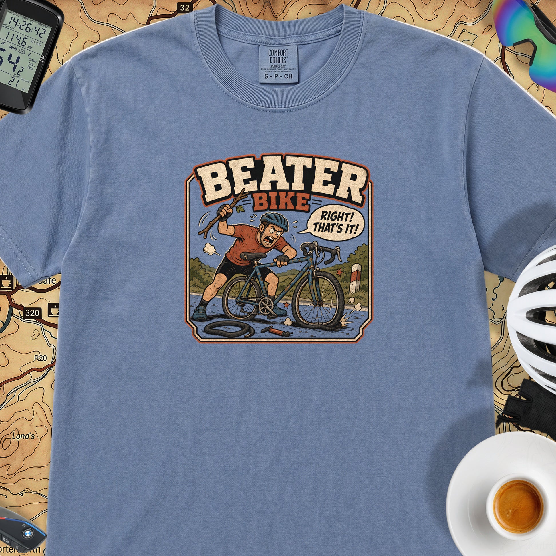 Beater Bike Comic T‑Shirt — Blue Jean