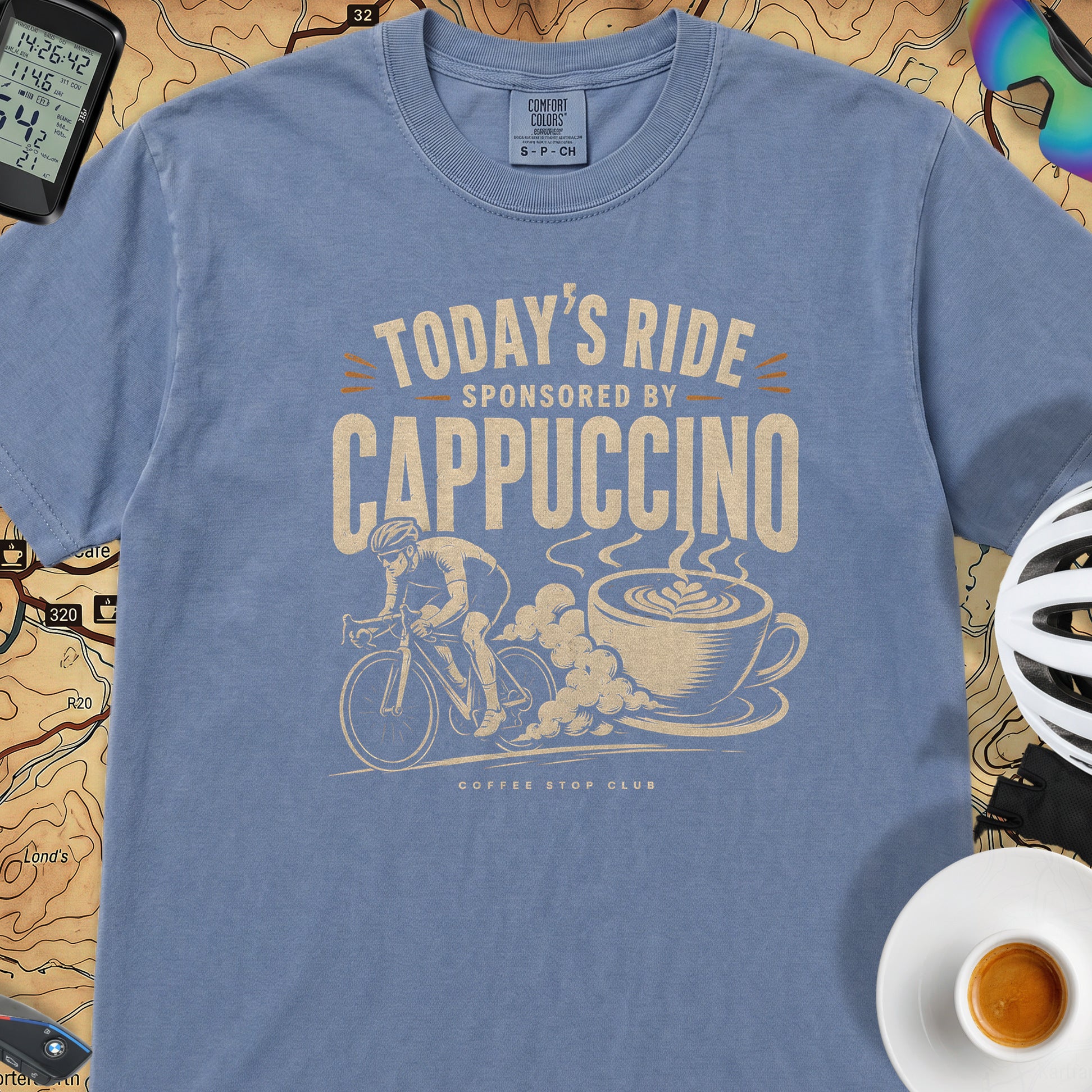Sponsored by Cappuccino Cycling T-shirt — Blue Jean