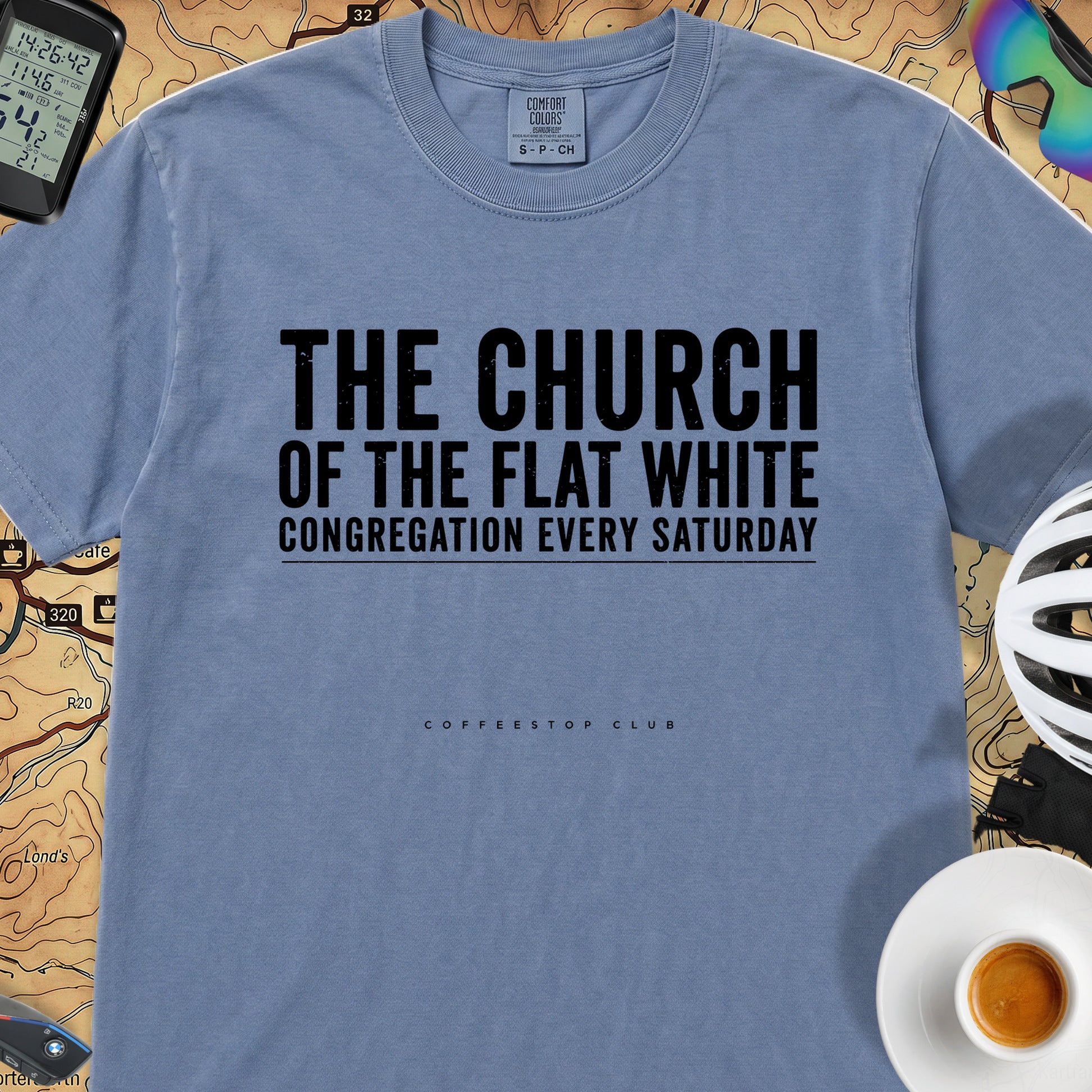 Church of the Flat White T‑Shirt — Blue Jean