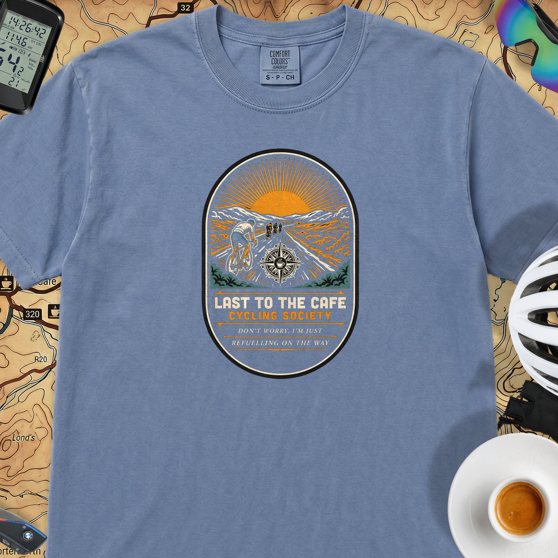 Last to the Café Cyclist T-Shirt — Blue Jean