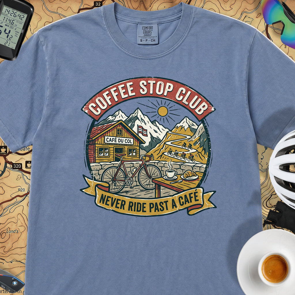Never Pass a Café T‑Shirt — Blue Jean