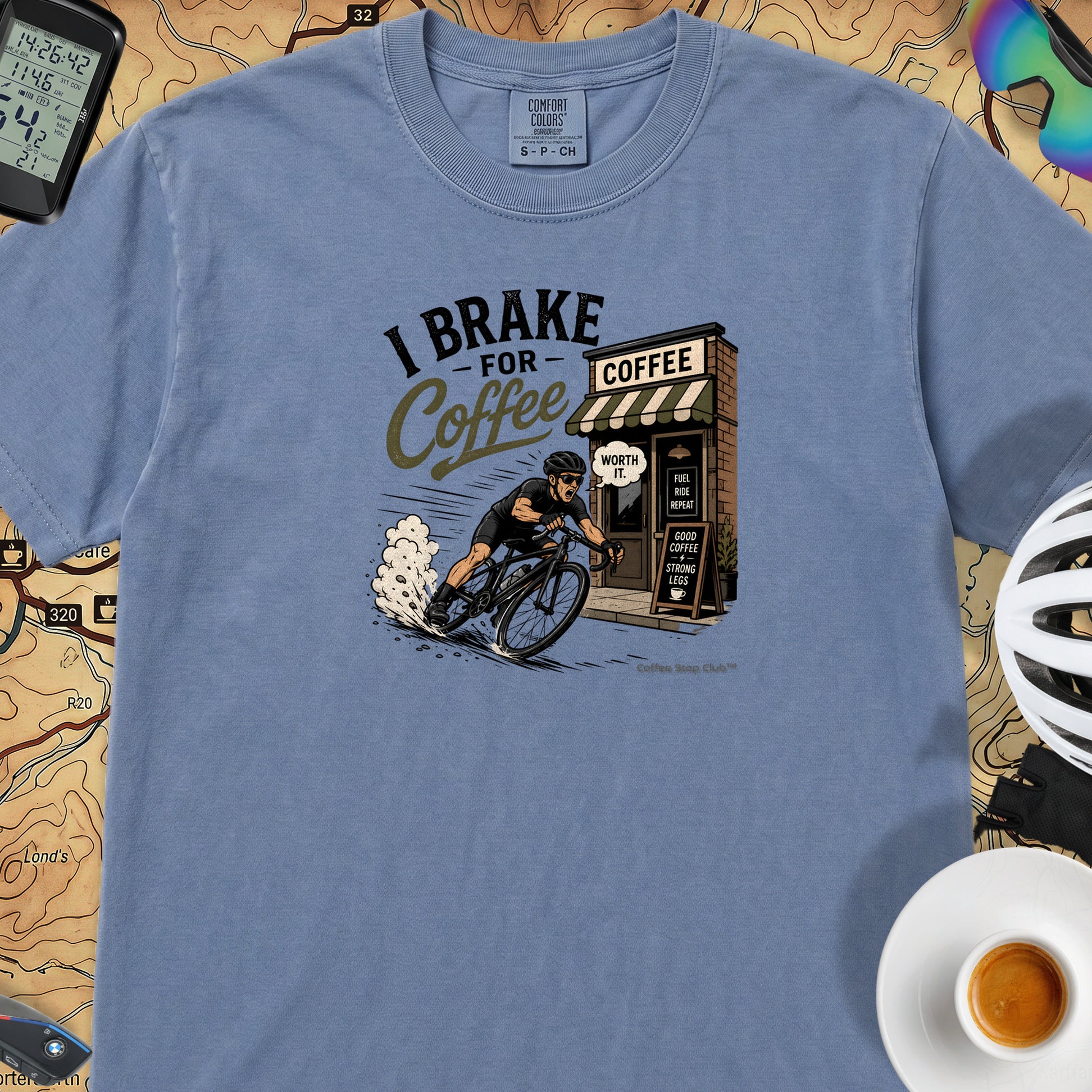 I Brake For Coffee T-Shirt — Blue Jean