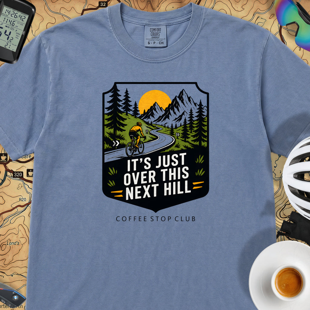 It's Just Over This Next Hill Cycling T-Shirt — Blue Jean