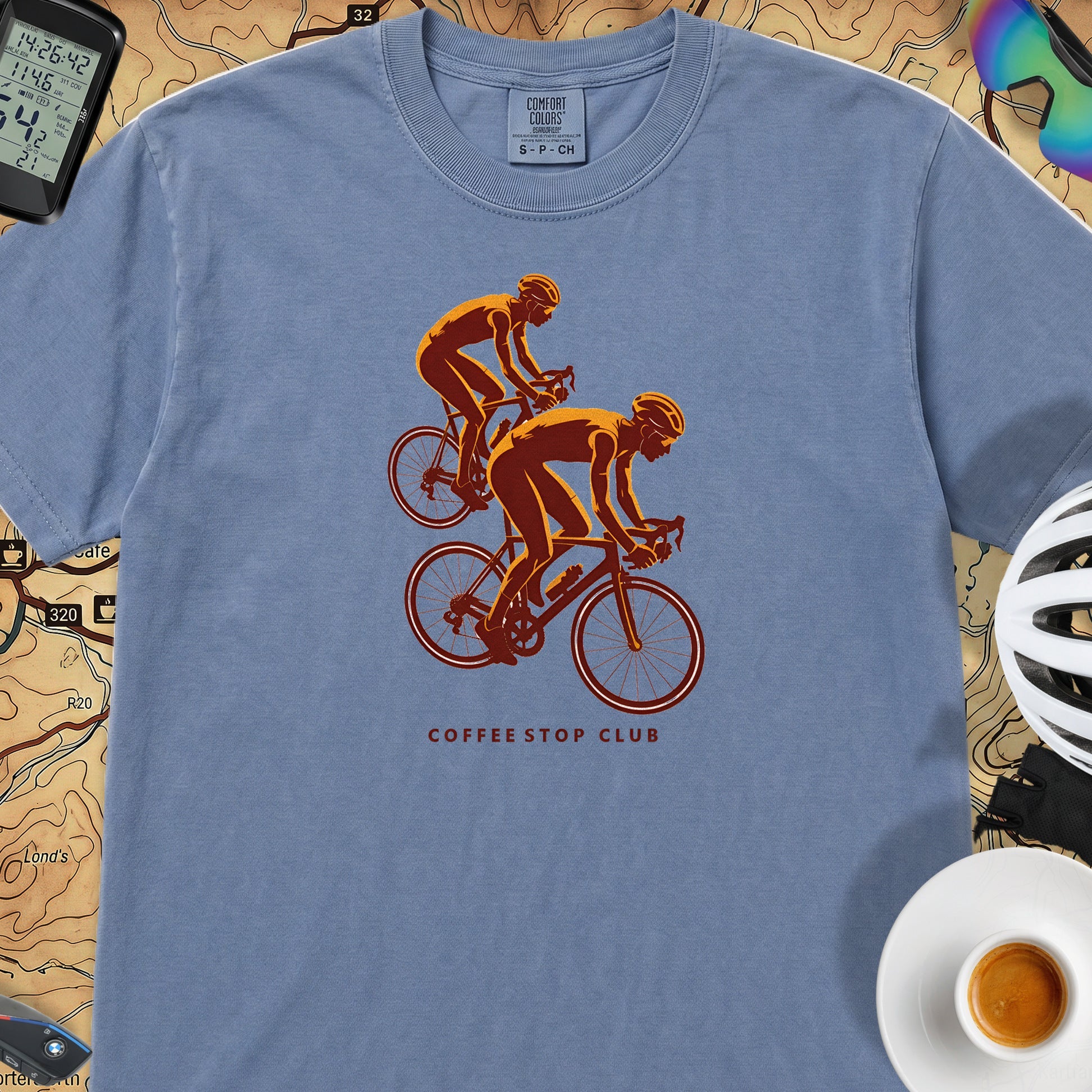 Duo Ride Coffee Stop Club T-Shirt — Blue Jean