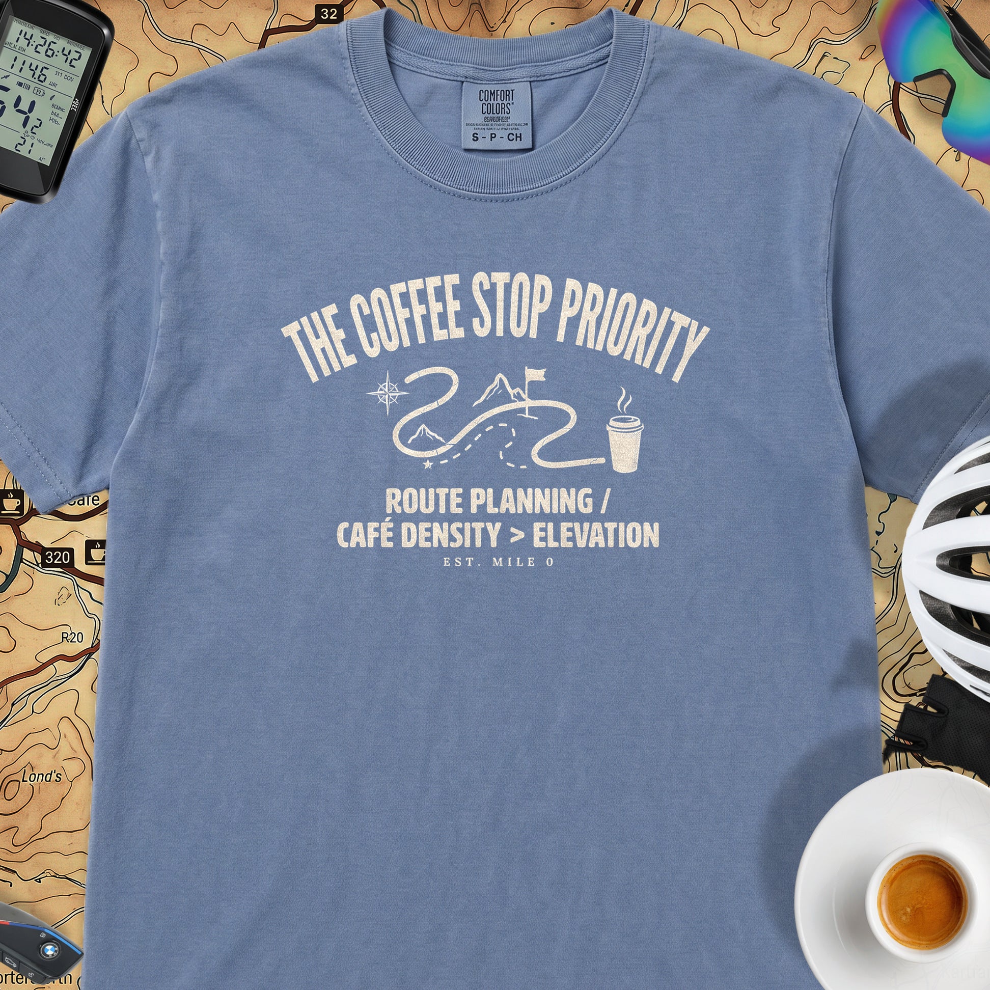 Coffee Stop Priority Cyclist T-Shirt — Blue Jean