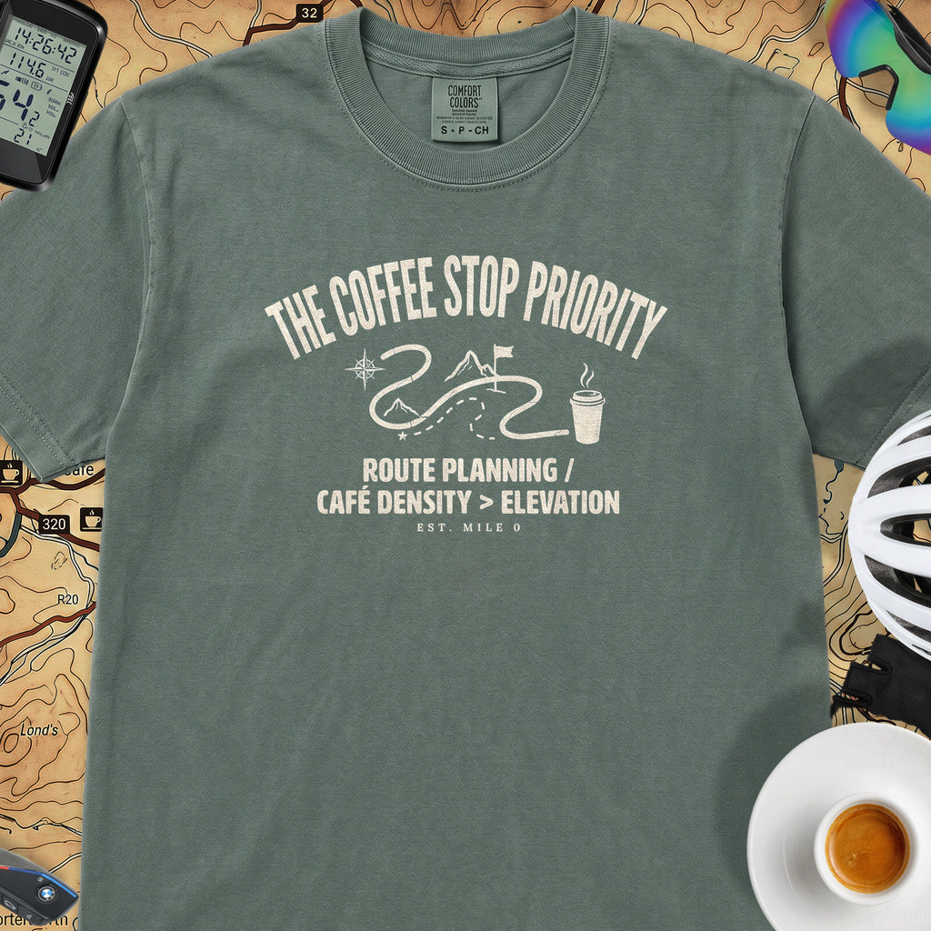 Coffee Stop Priority Cyclist T-Shirt — Blue Spruce